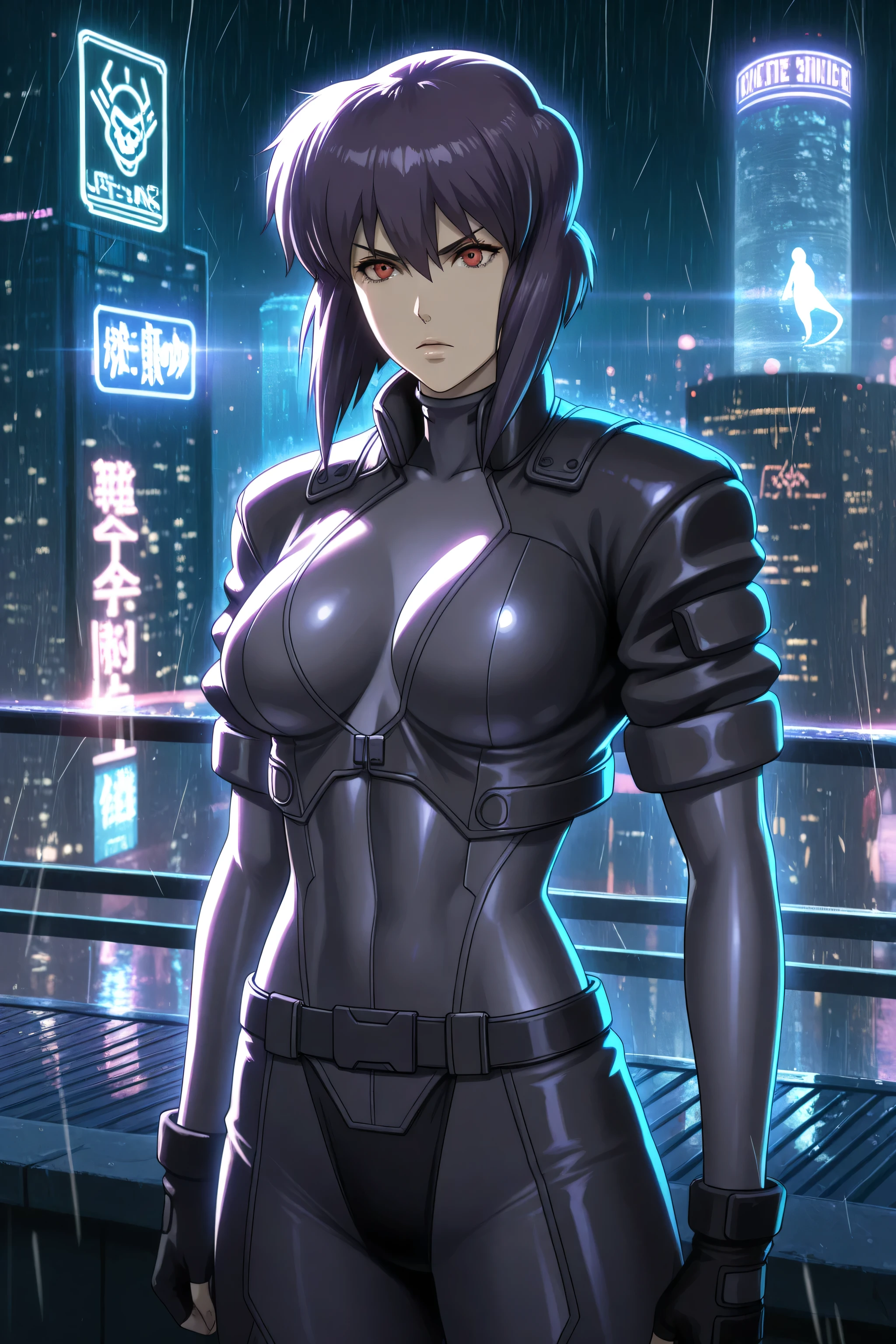 high quality, masterpiece, best quality, Major Motoko Kusanagi, Ghost in the Shell, cybernetic female body, purple-black bob haircut, athletic build, determined expression, tactical bodysuit, standing on rooftop, futuristic cityscape, neon signs, holographic advertisements, cyberpunk aesthetic, night scene, rain-slicked streets, steam rising, blue and purple lighting, lens flare, reflective surfaces, hyperdetailed, cinematic composition, shallow depth of field