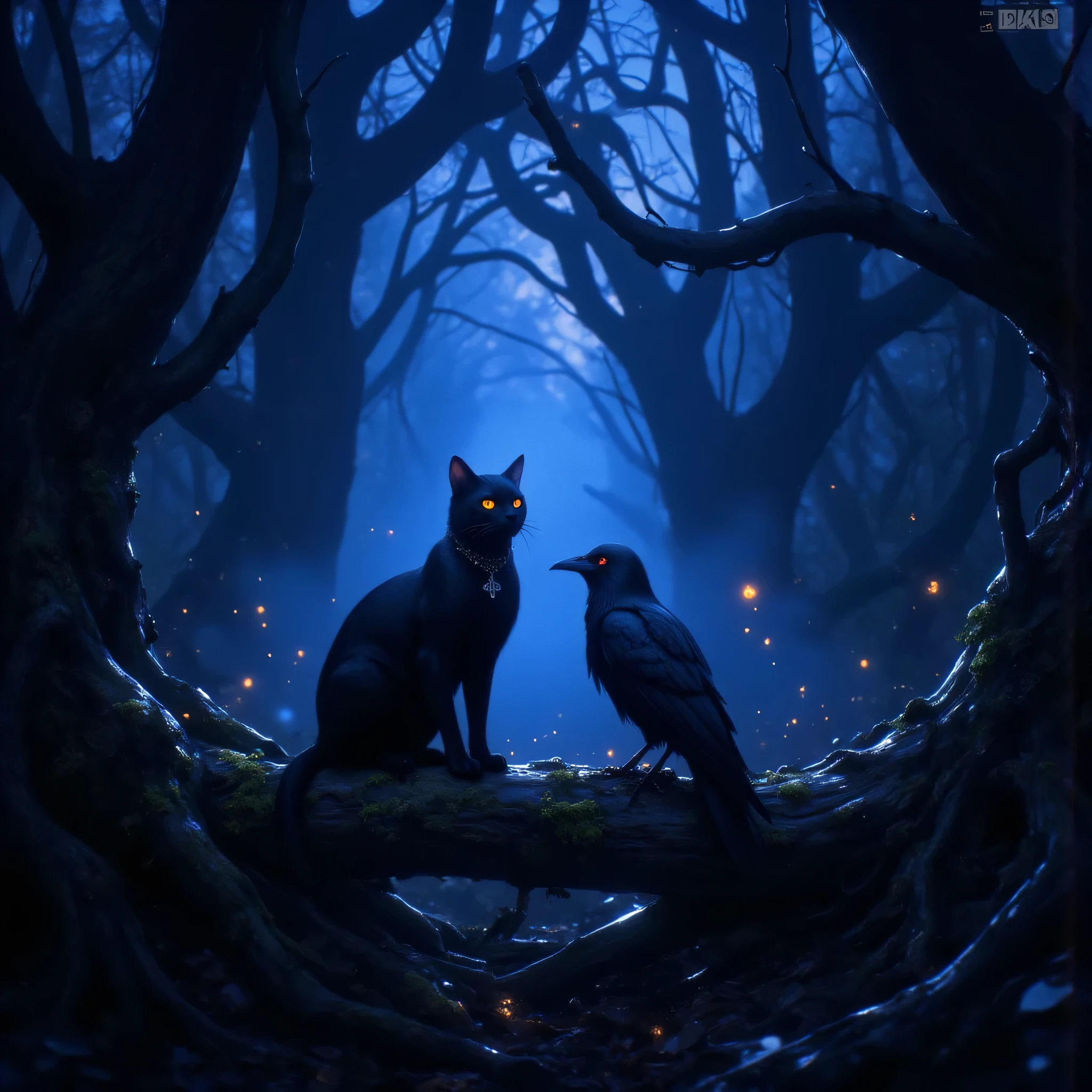 “Hyper-detailed gothic dusk forest, trees twisted like ancient sculptures, branches forming natural arches. A sleek black cat with flawless silhouette and vivid yellow eyes glows subtly against the blue-violet twilight. Beside it stands a raven with one blazing red eye, feathers sharply textured with subtle iridescence, standing proudly on a moss-covered fallen log. Mist rolls between the roots, faint embers of magical fireflies drift in the air, soft backlighting outlining both creatures. English keywords: gothic forest, twilight haze, cinematic atmosphere, volumetric rays, hyperrealistic textures, high contrast shadows, deep depth of field, dark romanticism, nature gothic aesthetic, ultra-sharp realism, 8k photography style, dramatic composition.”
Negative Prompt:
“mutated animals, incorrect eye placement, disproportionate bodies, out-of-frame cuts, text, watermark, ugly artifacts, unrealistic fur clumps, broken anatomy, lighting inconsistencies, low detail, noise, blur, duplicated limbs”