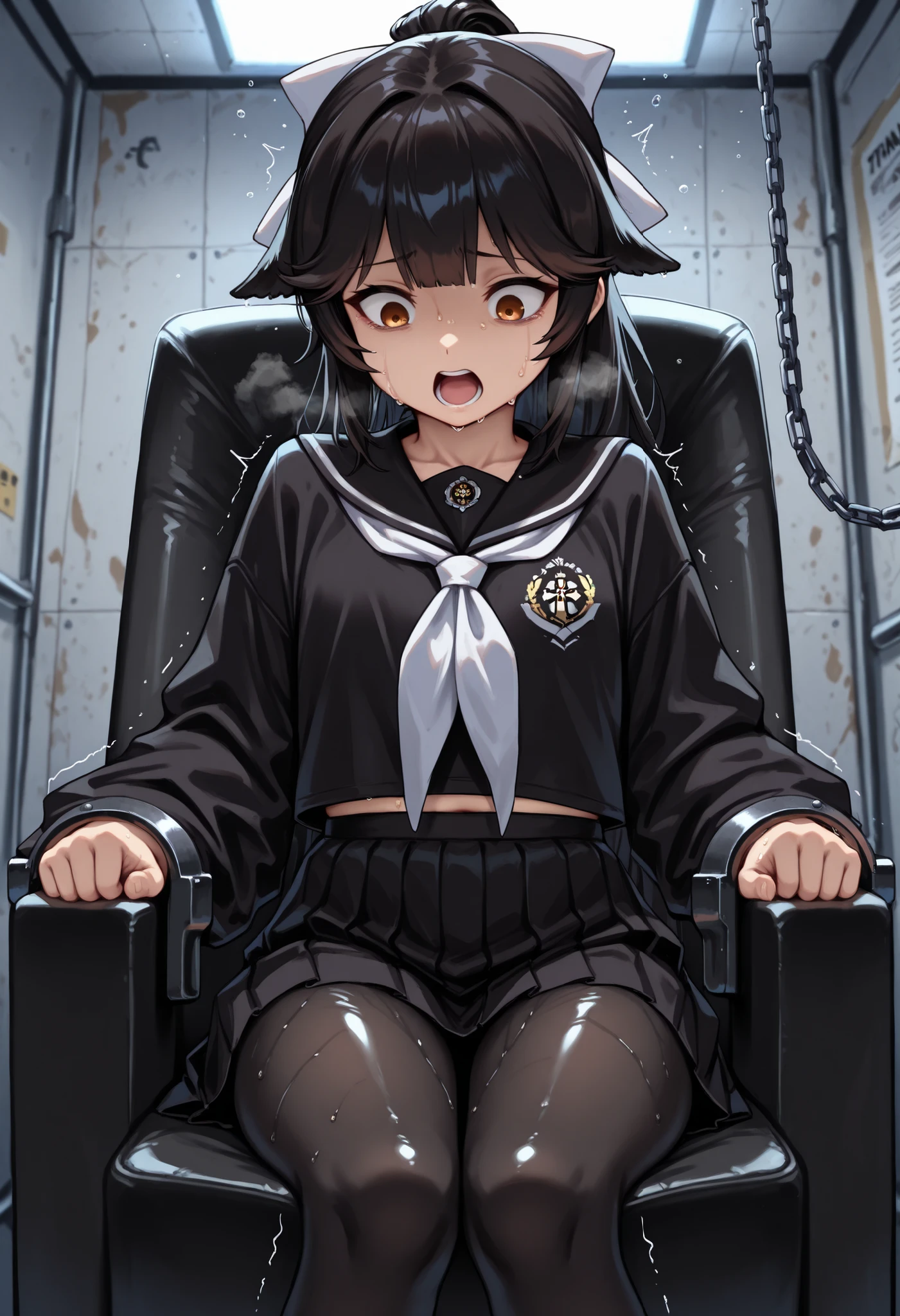 masterpiece, best quality, absurdres, highres, 1girl, solo, takao \(school romanza\) \(azur lane\), age down, medium hair, school uniform, black uniform, black skirt, black pantyhoses, breathing, shaking, shivering, sweating, sitting,cowboy shot, restraint chair, hands chained, (hands on armchair), scared, screaming, looking down, indoors, Age Regression, Oversized Clothes, oversized uniform, oversized pantyhoses,
