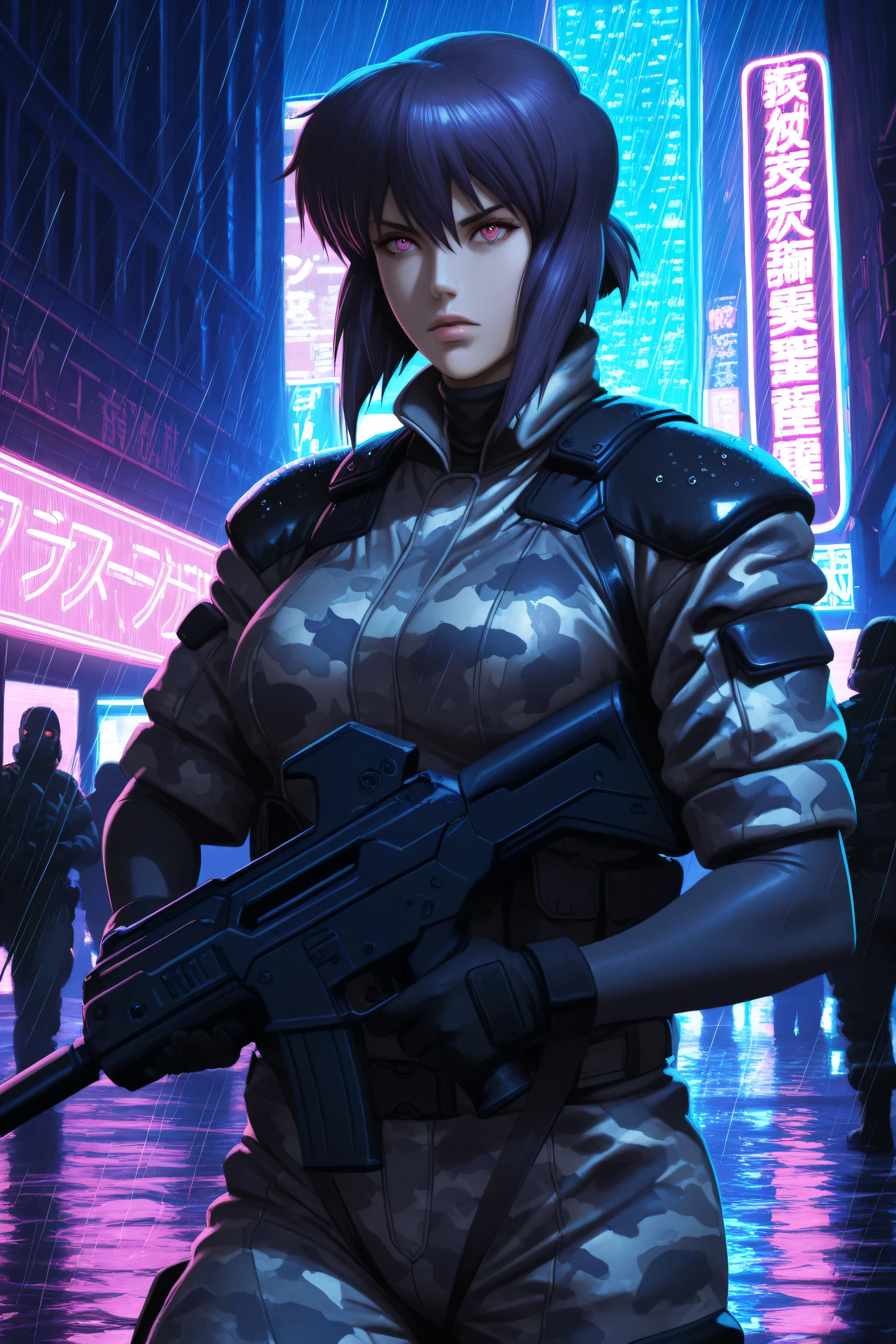 masterpiece, ultra-detailed, RAW photo, Motoko Kusanagi, Ghost in the Shell, cyborg woman, tactical stance, thermoptic camouflage suit, combat ready, piercing eyes, nighttime operation, dense urban sprawl, towering skyscrapers, neon-lit signs in Japanese and English, vaporwave color palette, magenta and cyan highlights, cyberpunk technology, digital artifacts, rain droplets, moody atmosphere, film grain, ultrawide angle, photorealistic rendering