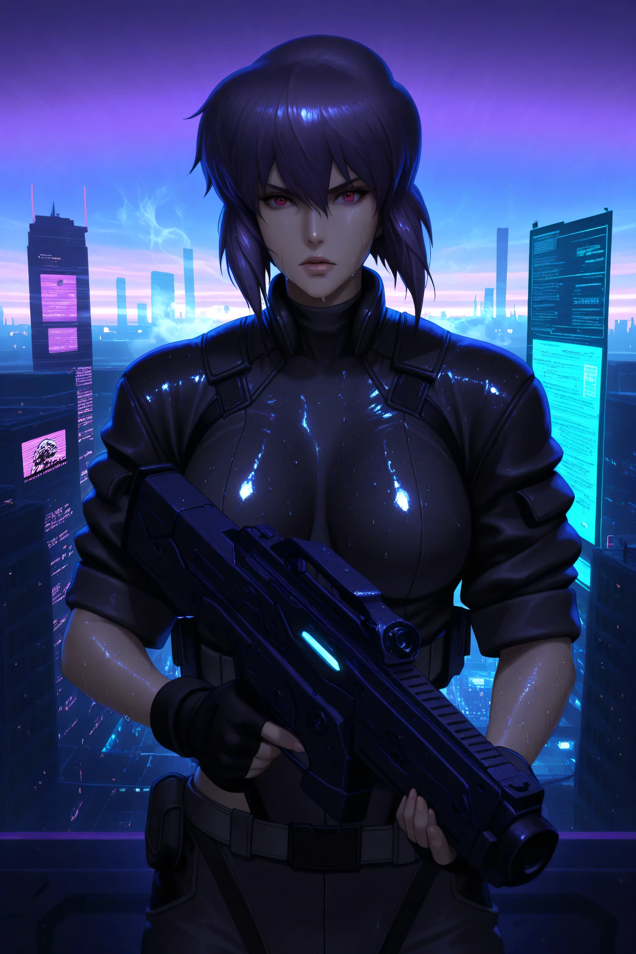 best quality, ultra highres, finely detail, Major Kusanagi, Ghost in the Shell, cybernetic enhancements visible on body, sleek tactical gear, focused expression, aiming weapon, hacking interface projected around her, midnight urban canyon, massive corporate towers, holographic billboards, data streams visible in air, synthwave color scheme, purple and blue gradient sky, cyberpunk technology, wet asphalt reflecting lights, atmospheric fog, high contrast lighting, 8K resolution, hyper-realistic texturing