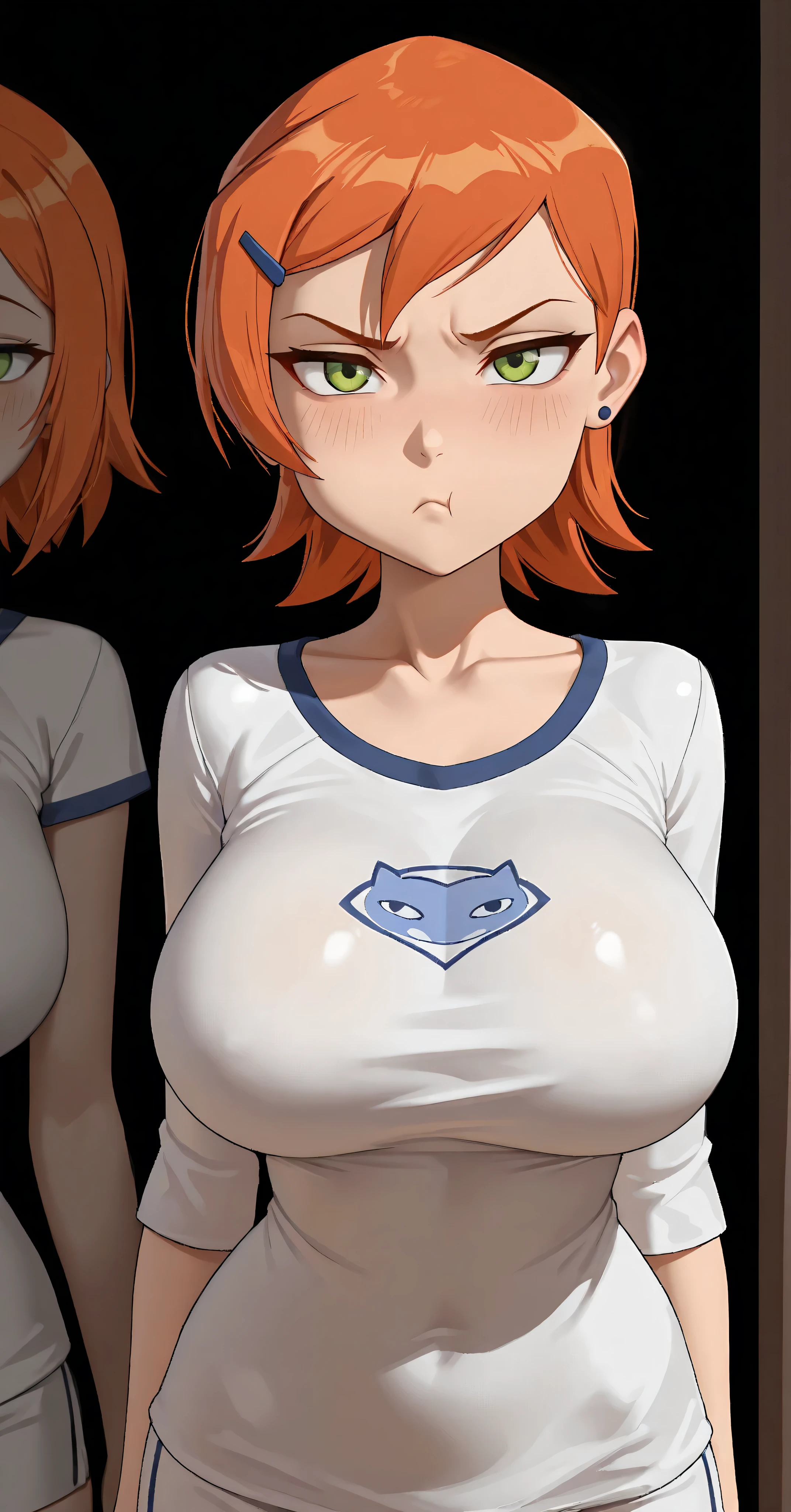 (clarity), masterpiece, mejor calidad, (in 4K), (full hd), (best shade), detailed and beautiful, a full-bodied girl, Standing, gwendolyn_tennyson, orange hair, green eyes. Lucky girl, hands on the sides, (big breasts) pronounced neckline, expression of satisfaction ( pouting face , hyper-detailed face ) dark background,
