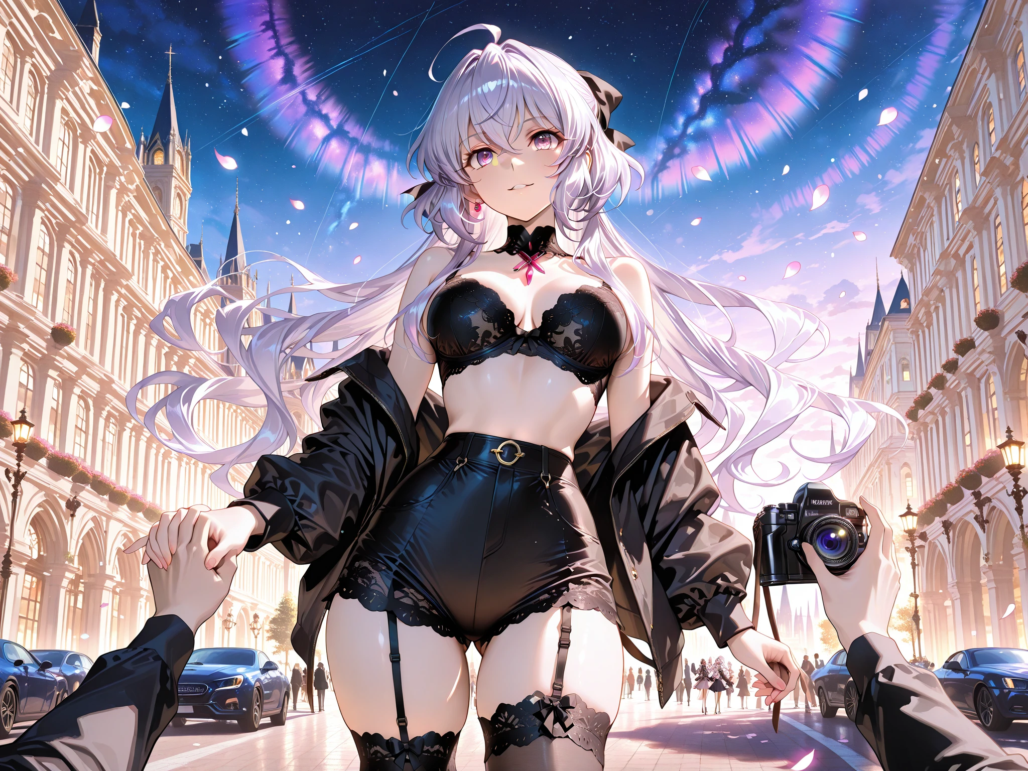 (masterpiece), best quality, highly detailed, depth of field, high saturation, high contrast, focused, 8k UHD, ultra-high resolution, ultra-high definition, extremely detailed CG unity 8k wallpaper, HDR, DLSR, RTX, Ray tracing, best shader, best shadows, best texture quality, detailed textures, absurdres, intricate, detailed scenery, life-like scenery, cowboy shot, 
BREAK,
expressive eyes, perfect face, distinct facial features, proportional body, 1girl, hourglass body, , fit body, toned body, (abs:0.7), navel, midriff, massive , round , narrow , low , pale skin, pink lips
BREAK,
((standing on balcony at night)), ((contrapposto)), outdoors, midday sky, dim lighting, city scenery, starry sky, serious grin, happy, 
BREAK, 
((lace)),black crop top, long sleeve, skirt, belt, tighhighs, stockings, zettai ryouiki, garter straps, 
BREAK,