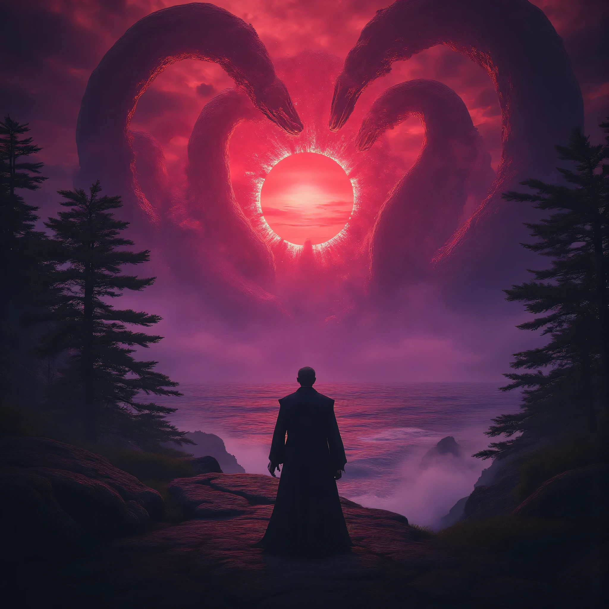 Wilbur Whateley stands atop Sentinel Hill before an ancient stone altar, his misshapen body silhouetted against a blood-red sunset over the Atlantic. His robes billow in an unnatural wind as he reads from the Necronomicon, while massive tentacles breach reality itself, tearing through a shimmering violet rift in the sky. The surrounding landscape appears warped and wrong, with twisted trees and shadows that move independently. Lovecraftian cosmic horror, eldritch abomination, dark surrealism, volumetric fog, cinematic lighting, extreme detail, photorealistic rendering.