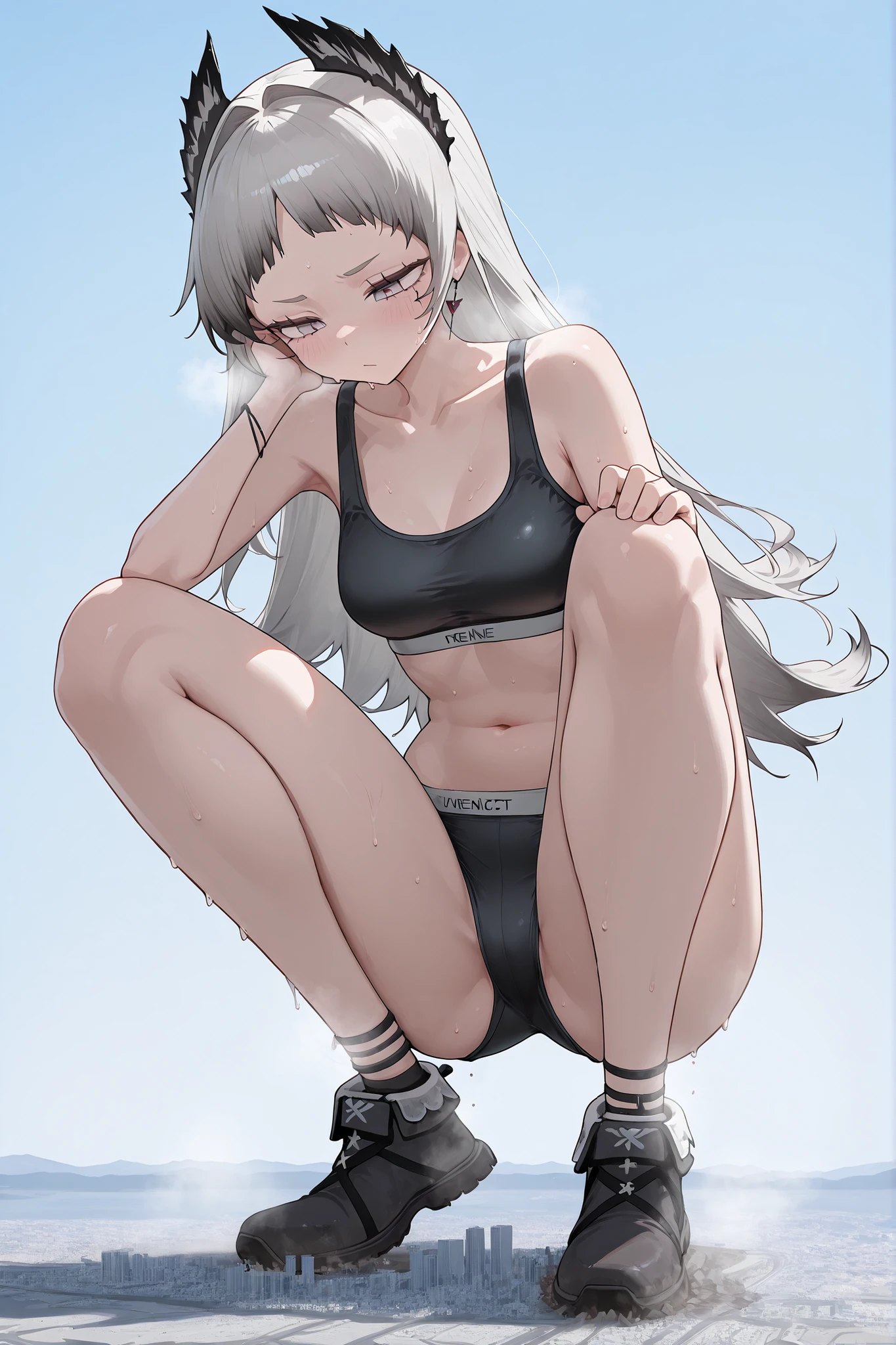 irene_\(arknights\), grey eyes, grey hair, head wings, long hair, black sportsbra, black suportspants, sweat, giantess, microcity, Scattered City, Steam, Blue Sky, fullbody ,squatting, open leg, long legs,