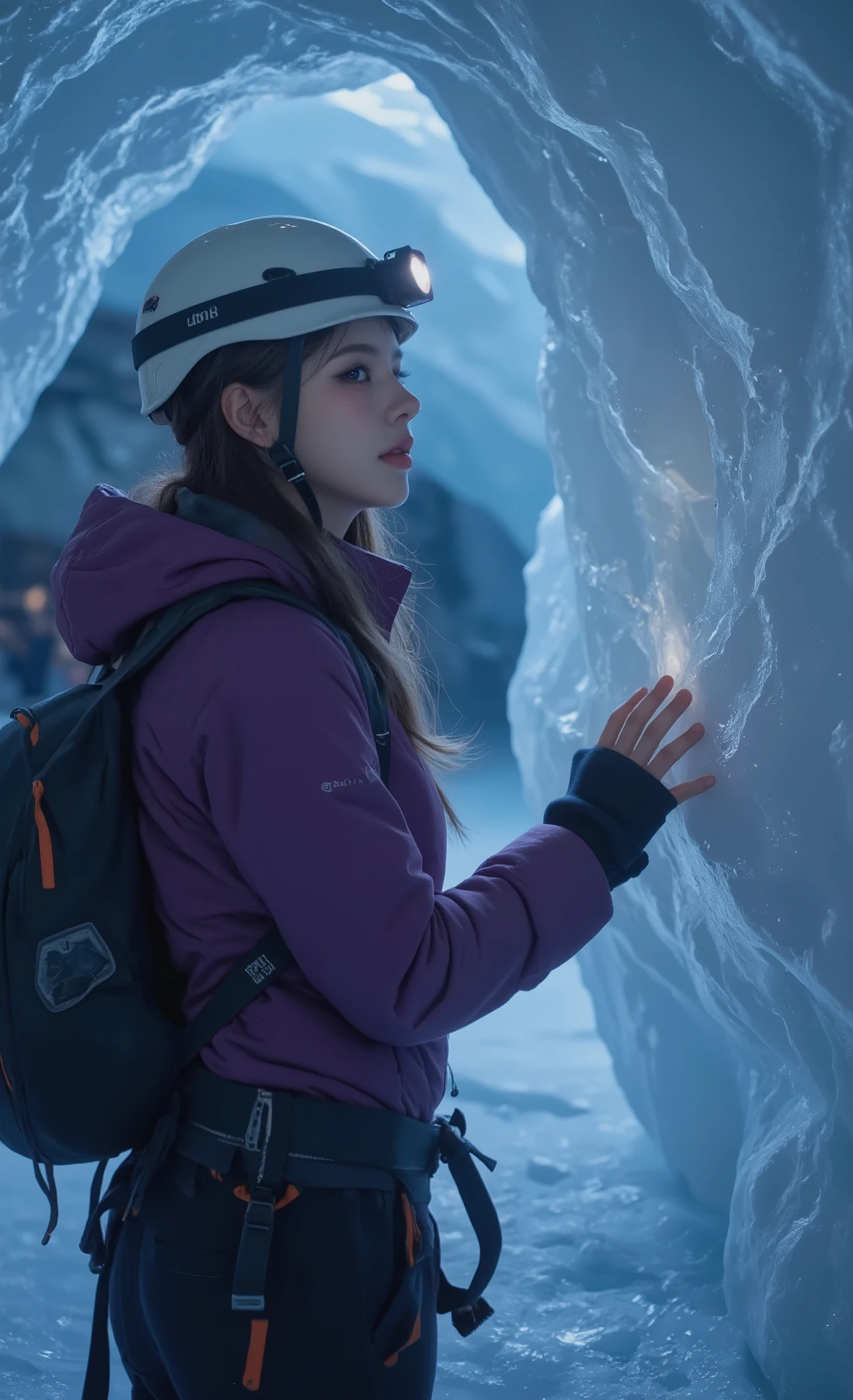 side rear view slender athletic figure fitted clothing, High quality, masterpiece, better quality photorealistic and intimate shot of a teenager discovering an ancient glacial ice cave, with a 16-year-old female explorer with a wordless expression of amazement and reverent admiration, wearing an expedition-grade down jacket in purple, insulated pants, climbing helmet with headlamp that illuminates the environment, standing at the entrance of a spectacular Ice cave with translucent blue walls that create an ethereal atmosphere, ice formations that capture and refract light in prismatic patterns through the interior of the cave, the scale of the enormous ice chamber that dwarfs the human figure, emphasizing the greatness of nature, make of the flashlight creating dramatic rays of light to through the misty air inside the cave, ice walls that reveal thousands of years of climate history in visible layers and trapped air bubbles, face that shows a deep emotional response to witnessing a space that few humans have seen, hand that tentatively reaches out to touch the ancient ice surface in a gesture of connection with Earth's history, photorealistic representation with exceptional attention to the translucent properties of ice and the behavior of light within ice structures, composition balancing the human explorer against the overwhelming natural wonder, image that conveys the narrative of the discovery and the privilege of witnessing the hidden wonders of the Earth