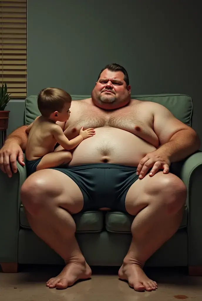 The scene is set in a cozy room, with a beige sofa as the focal point. On the sofa sits a small, short man, his legs dangling in the air as he struggles to reach the floor. He’s dressed in a white t-shirt and shorts, sitting very close to the enormous woman beside him.

Next to him sits an enormous, thick woman, her size several times larger than the man. She’s leaning over him, her posture slightly hunched, and her body takes up 90% of the sofa’s surface. Her weight causes the sofa to sink into the floor, adding to the surreal atmosphere. She’s dressed in a lavender silk robe, but it’s partially open, revealing her massive bust and her exposed stomach.

The giantess’s presence is overwhelming, her size and posture creating a striking contrast with the small man. Her massive bust is so large that milk drips from her breasts, adding an unexpected and surreal detail to the scene.

The room is softly lit, with warm lighting highlighting the textures of the sofa, the silk robe, and the man’s casual outfit. The atmosphere is both intimate and surreal, drawing the viewer into the unique and captivating dynamic between the two. The giantess’s presence is powerful and mesmerizing, making the moment unforgettable