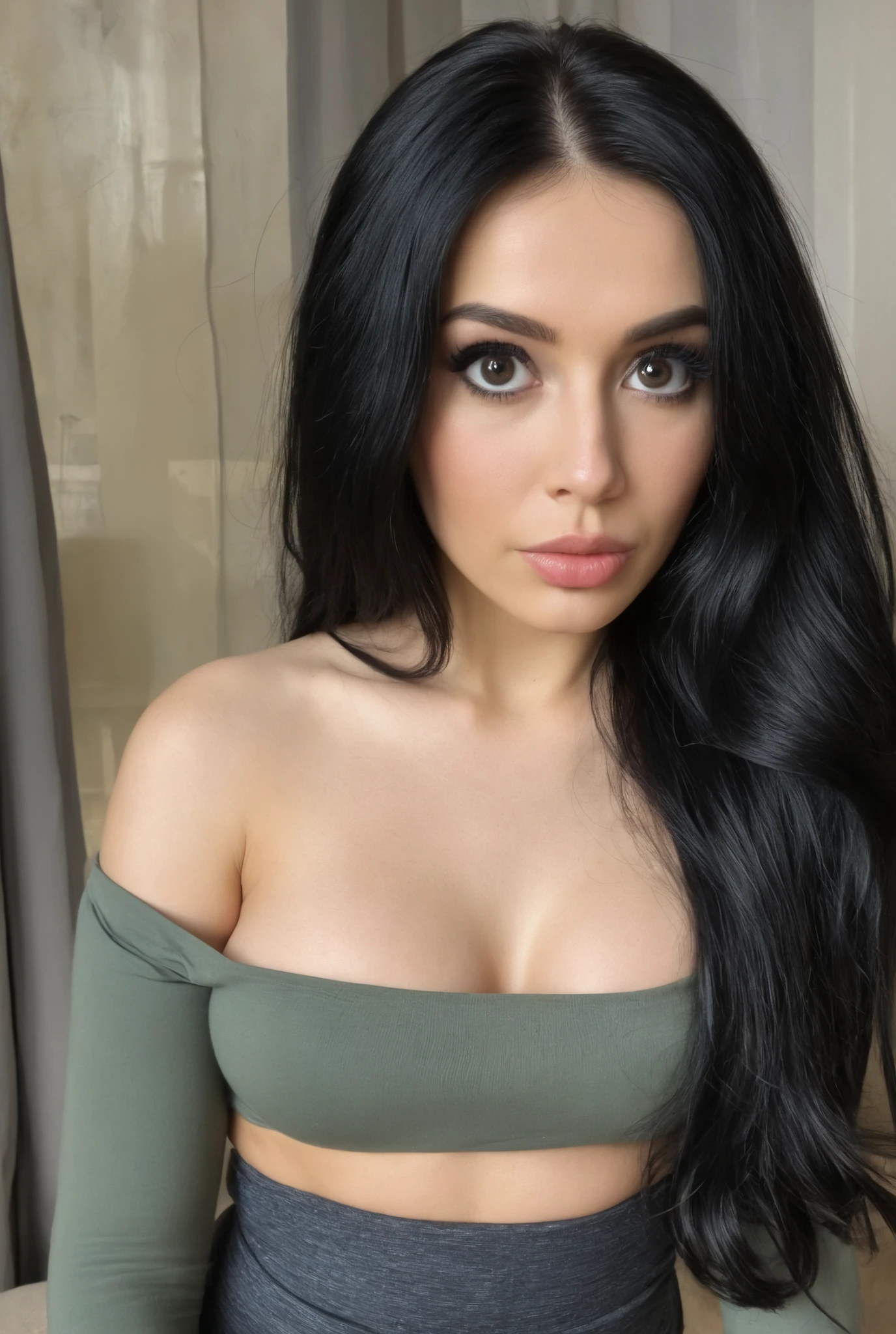 A very beautiful woman, medium breast Russian, with very long black hair big black eyes, fine nose, full lips with leggings