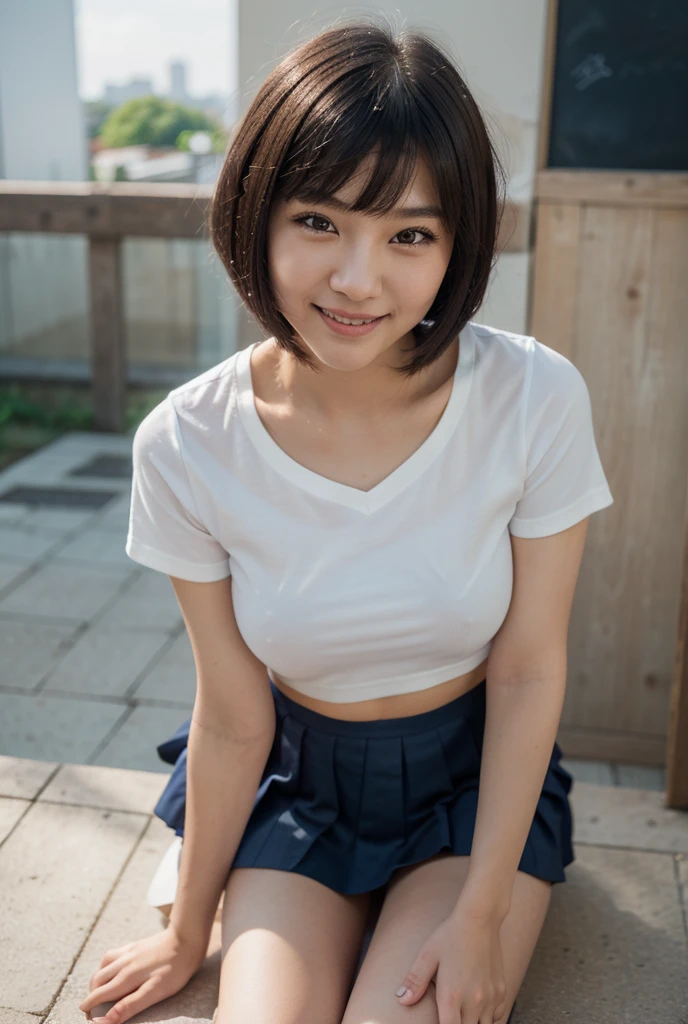 (One Girl:1.3), short hair, Japanese high school students, Great face and eyes, Looking into the camera, A joyful smile、Showing teeth、 (Highest quality:1.4), Very detailed CG 統合 8k 壁紙, Very detailed, High-resolution RAW color photos, Professional photography, Realistic full body shot, Studio shot、Plain Wallpaper, Portrait of sexy girl, Open appearance, (Look down, Watch with a viewer:1.0), (From below:1.0),((())),Pleated skirt,Thighs