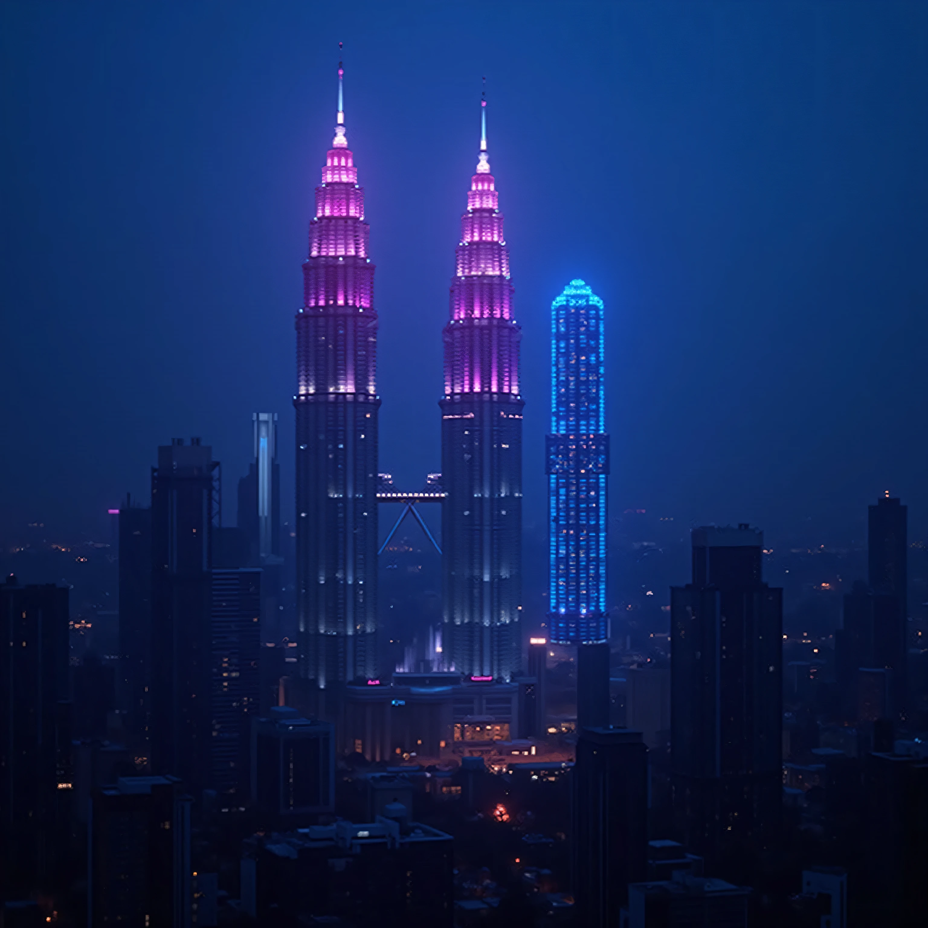 the petronas towers have a third tower that is bright pink and blue added next to them in the city skyline, the city skyline has changed from construction, it is dusk, it is the year 2080, a tall cyberpunk hotel has risen