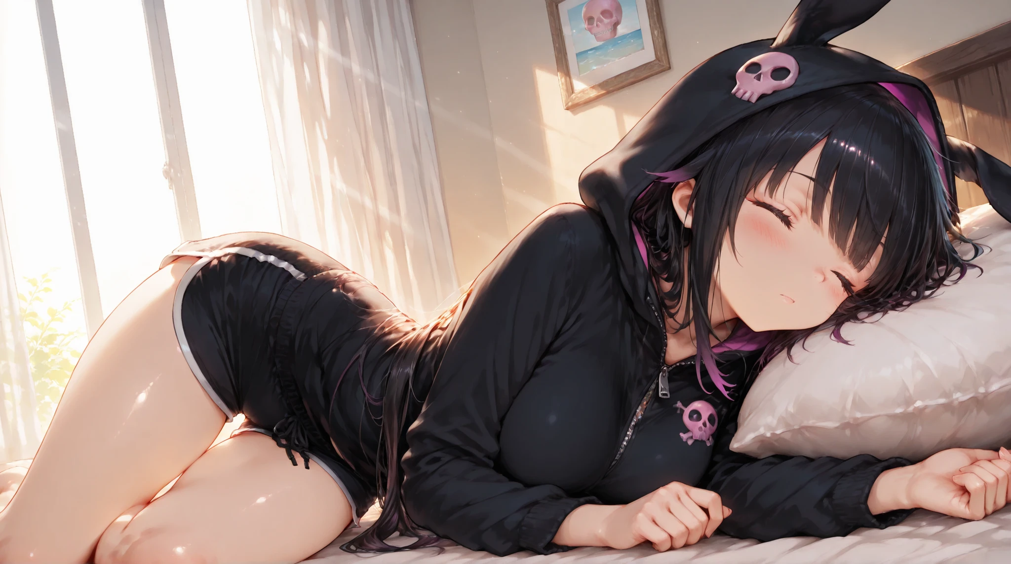 Shiny skin, Babe, character, mikage.
masterpiece, best quality, ultra detailed, high resolution, 8k, caustics, super detailed skin perfect , dynamic lighting, elaborate eye depiction, beautiful detailed eyes, a cute anime girl.
# body
medium-large , very slim waist, curvy figure, slender figure, soft curves.
# hair
black hair, black to pink-purple gradient tips hair.
very long hair.
center-parted.
(hood worn over the head:1.3).
two low-tied bunches coming out from the gaps of the hood.
straight bangs.
tied with two pink beads.
# eyes
eyes fully closed, very sharp eyes, large eyes, long eyelashes.
# expression
sleepy morning expression.
half-lidded eyes.
soft blush..
drowsy unfocused gaze.
# outfit
black hooded parka.
diamond-shaped ears on the hood.
pink skull emblem on the hood.
front zipper fully pulled up to the .
oversized relaxed fit.
deep magenta dolphin shorts.
legs.
# pose
(lying completely on her side on the bed:1.3).
one leg slightly bent forward.
upper arm resting along the body.
lower arm loosely folded near the .
head resting on the pillow.
body relaxed in a side-sleep posture.
just-woke-up relaxed position.
# background
bedroom interior.
soft white bedsheets.
morning sunlight gently entering from the side window.
# effects
soft sleepy breath puff.
slight warm haze of early morning.
subtle bed rumple along the body.
# outline
fine line art, delicate line drawing, thin outlines, clean outlines, minimal noise.