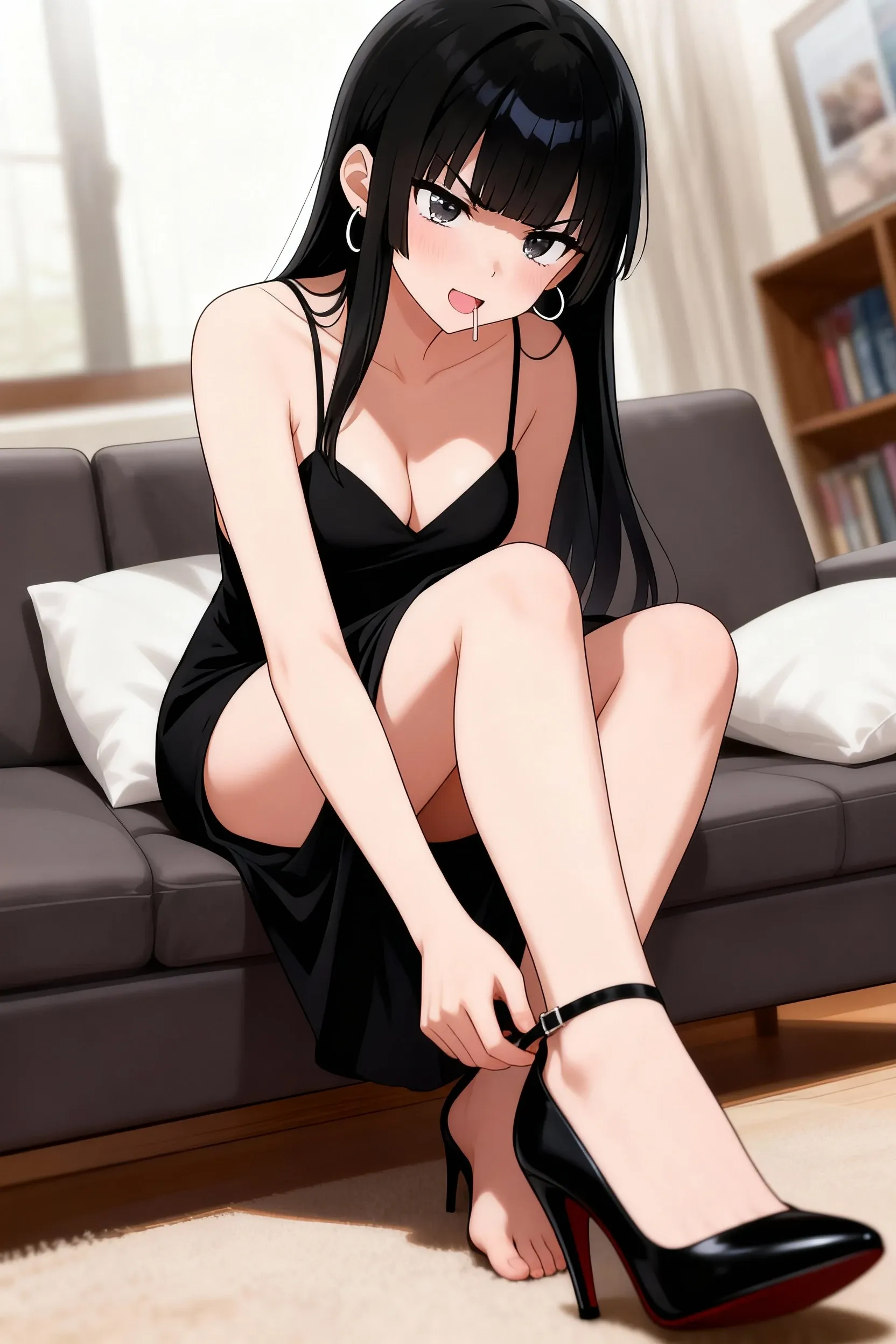 (masterpiece),(best quality),highres,incredibly absurdres,absurdres,very_high resolution,original,intricate details,hyper detail,ultra-detailed,exquisite detailed,extremely delicate,illustration,
(1girl),(solo),solo_focus,
looking at viewer,mature female,
shiny hair,glossy hair,forehead,parted bangs,long hair,hair behind ear,black hair,
sharp_eyelid,eyeliner,eyelashes,eyeshadow,lipgloss,lips,high_nose,smile,
glossy skin,pale skin,shiny skin,medium_breasts,perky_breasts,bare legs, cleavage,breasts apart,revealing dress,black dress,sideboob,evening gown,halter dress,bare arms,bare shoulders, collarbone,highleg dress,bare legs,high heels,squatting,lateral view, cowboy shot,portrait,indoors,curtains,plant,window,livingroom,