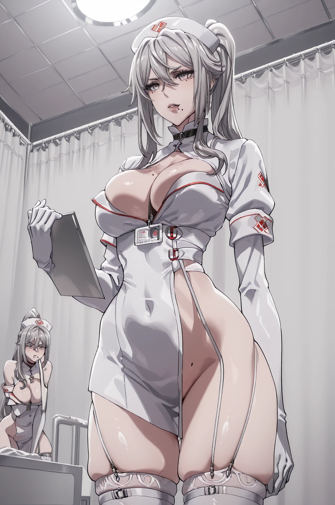 hospital, latex nurse suit,nurses,busty,elbow gloves,labcoat,silverhair woman,green eyes , gigantic  ,medical instruments,asian nurse,two nurses,speculum,examination room,oversize , ,big  ,, lay on table ,legs spreaded,giving birth,gyno chair , dentist, bondage ,in labor, domination ,femdom,