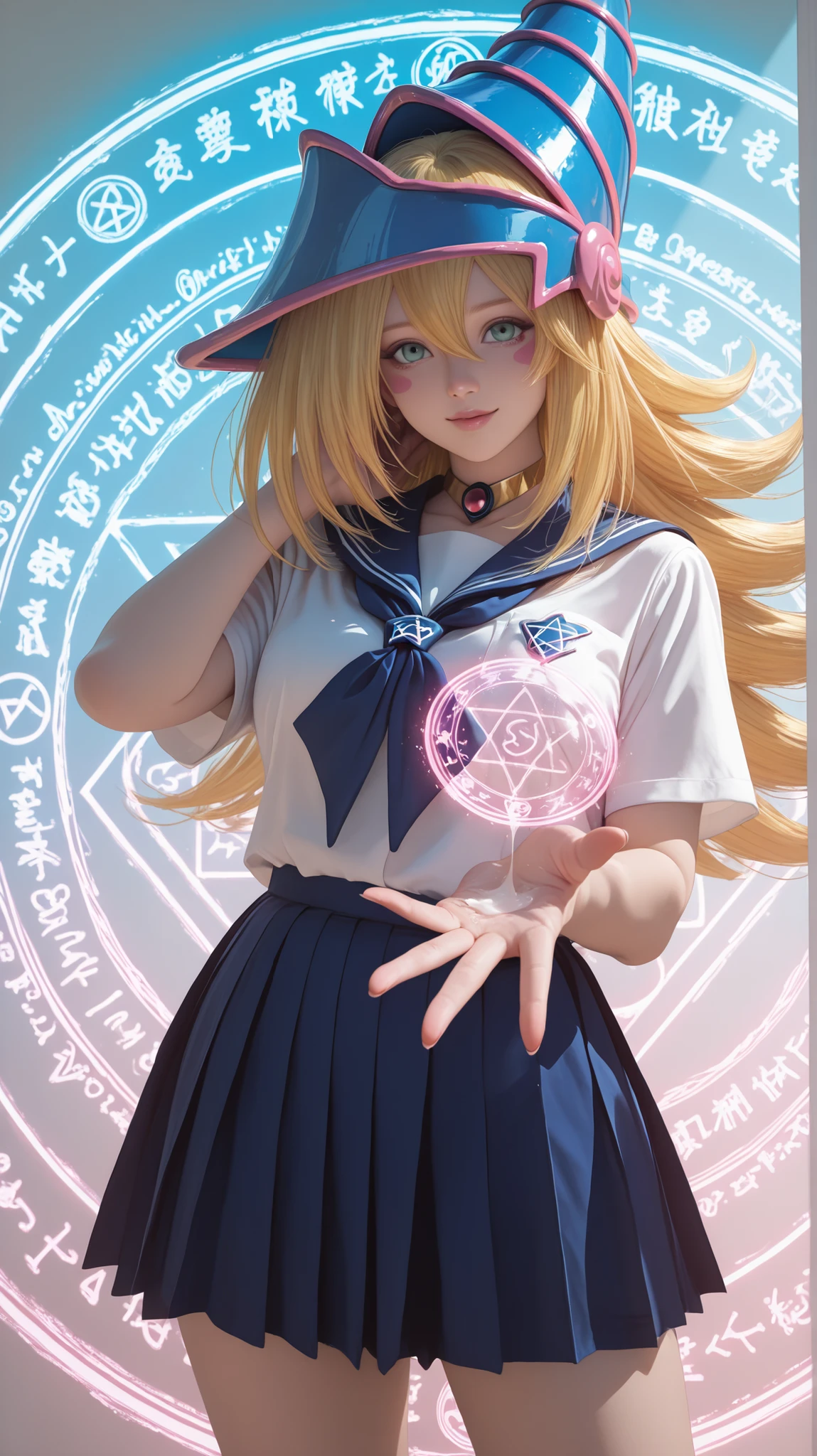 Dark Magician girls. realistic, Medium Shot Like a Painting of a Seductive White Woman, 2, 5'9" tall, perfect, Graceful physique . Her Long, Wavy Hair Is Vivid Turquoise Blue,.  She's Attractive //, Beautiful Woman in School Uniform,  Her pose is fluid and captivating, As if offering a magical drop、Extending one hand towards the viewer.Emits a Magical Magic Circle from One Hand/ tender, Neon Colored Diffused Light from the Magic Circle, Shining brightly, 