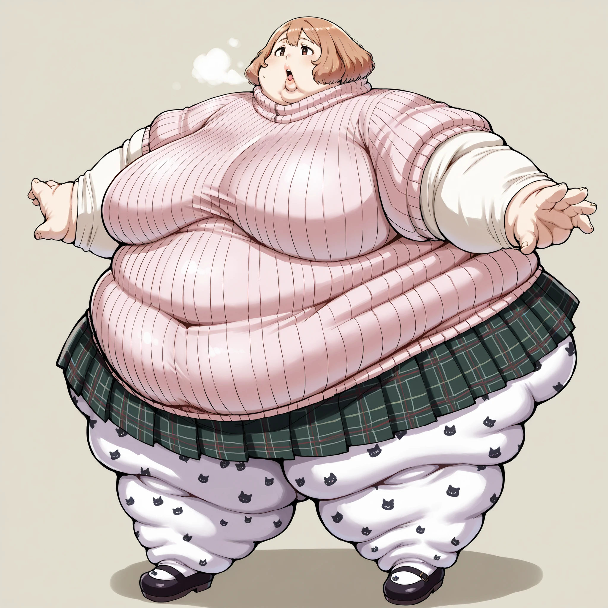 defHaru, short hair, pink ribbed sweater, turtleneck sweater, short over long sleeves, plaid skirt, pleated skirt, print pantyhose, mary janes, breasts, fat, chubby, obese, fat neck, multiple chins, big breasts open mouth, out of breath, Larger female, full body shot, only head, large head, oversized limbs, large hands, large feet, oversized feet, oversized fingers, big lips, plump lips, fat face, fupa, big fupa, fat fupa,
