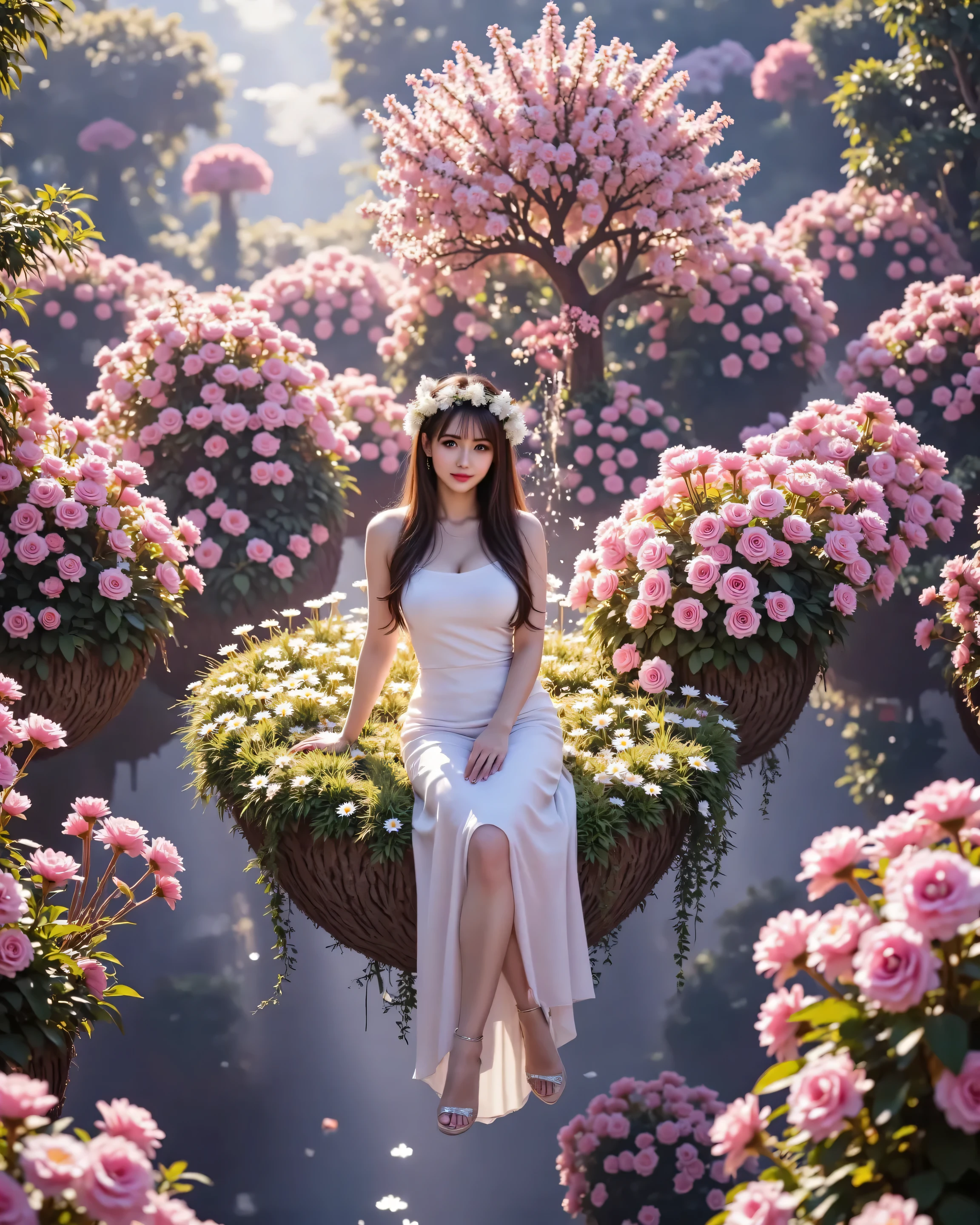 A floating island adorned with an aerial garden bursting into an explosion of colors. Countless luminous flowers bloom in vivid hues, forming a mesmerizing paradise. A woman sits elegantly amidst this radiant display, her presence serene yet enchanting. The air shimmers with ethereal light, amplifying the dreamlike atmosphere. Captured from a distance, she gazes at the viewer, surrounded by a surreal symphony of floating blossoms. The scene is cinematic, rich in harmony, blending realism with fantasy in a breathtaking spectacle.