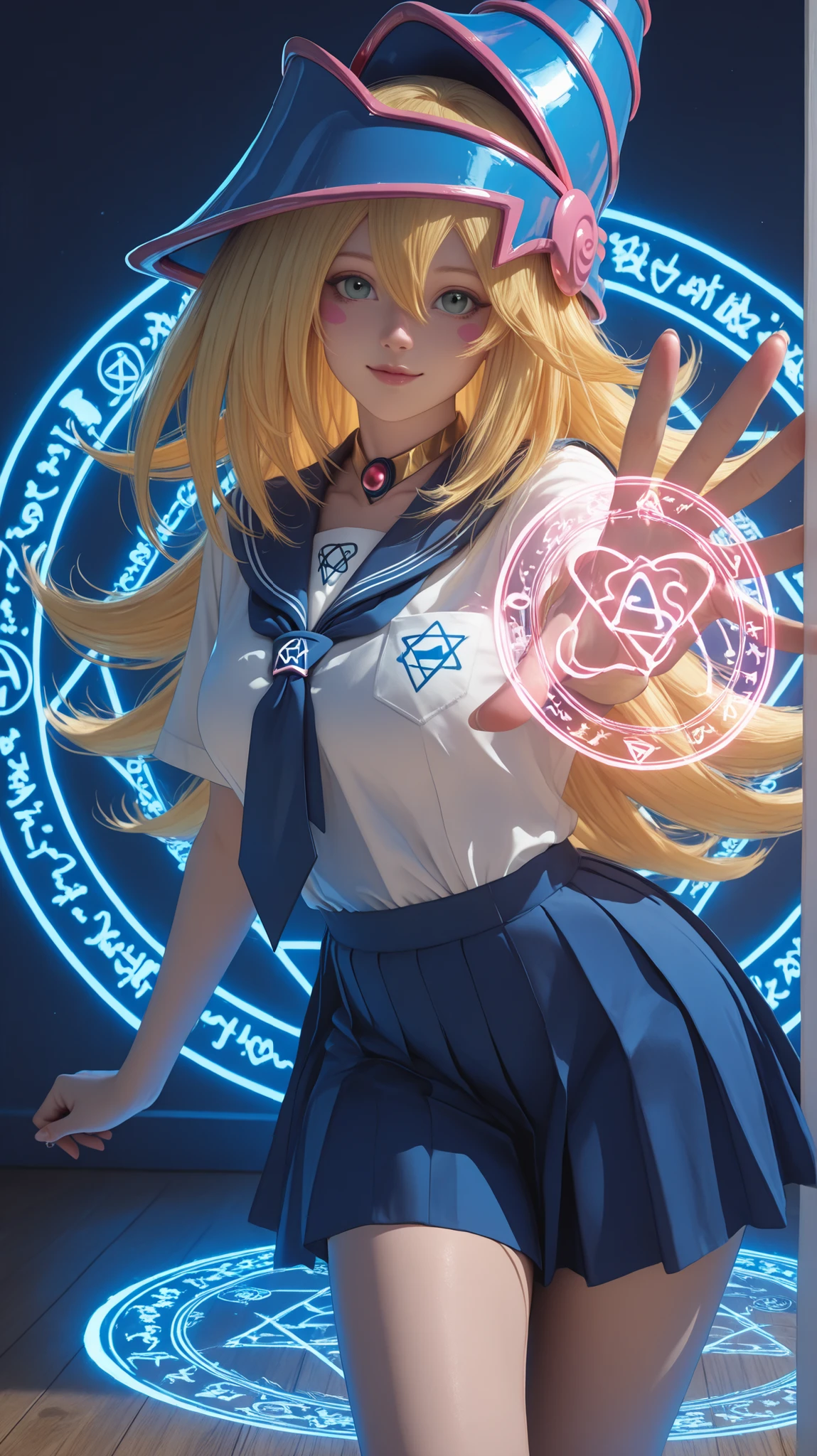Dark Magician girls. realistic, Medium Shot Like a Painting of a Seductive White Woman, 2, 5'9" tall, perfect, Graceful physique . Her Long, Wavy Hair Is Vivid Turquoise Blue,.  She's Attractive //, Beautiful Woman in School Uniform,  Her pose is fluid and captivating, As if offering a magical drop、Extending one hand towards the viewer.Emits a Magical Magic Circle from One Hand/ tender, Neon Colored Diffused Light from the Magic Circle, Shining brightly, 