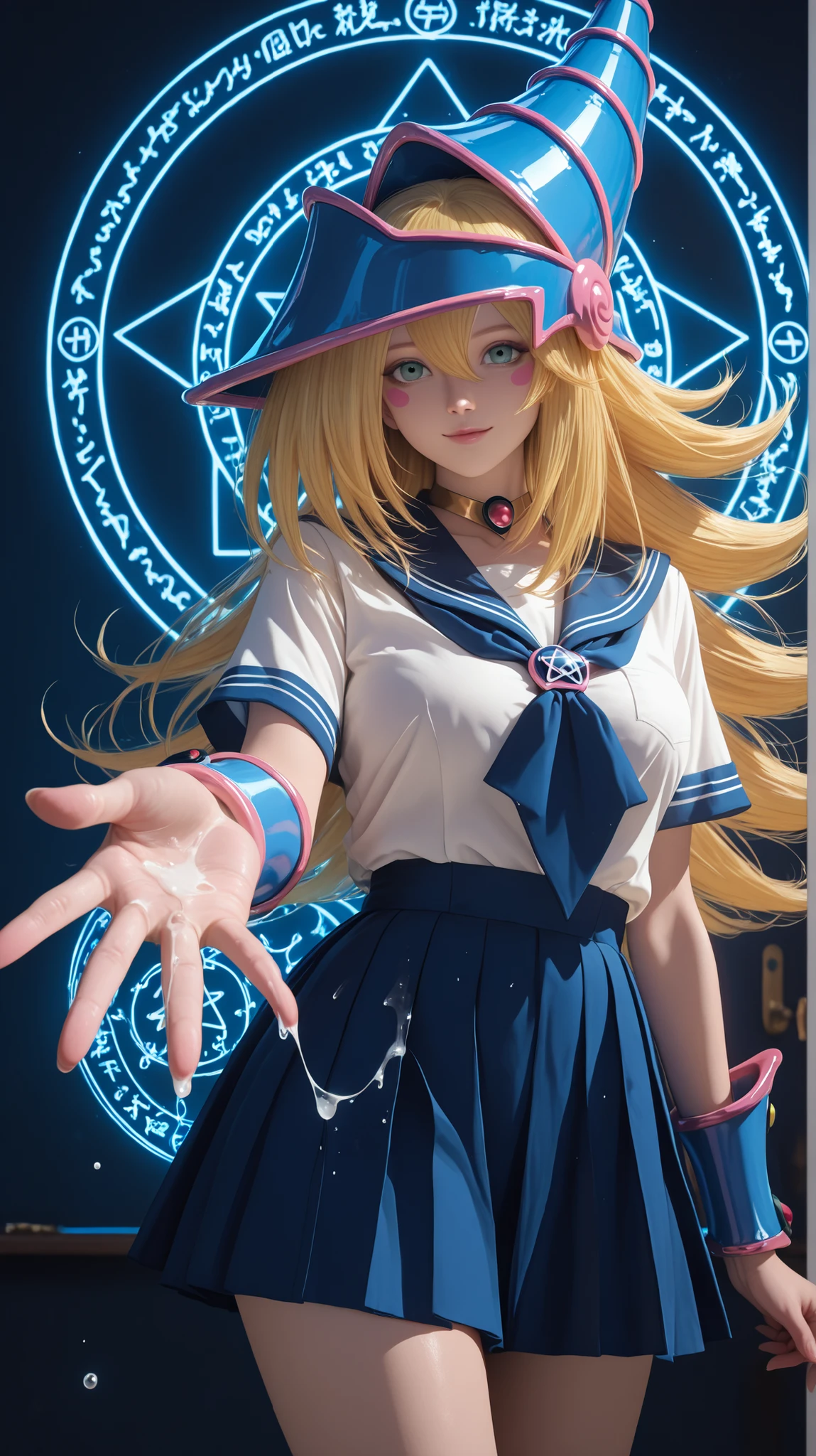 Dark Magician girls. realistic, Medium Shot Like a Painting of a Seductive White Woman, 2, 5'9" tall, perfect, Graceful physique . Her Long, Wavy Hair Is Vivid Turquoise Blue,. She's Attractive //, Beautiful Woman in School Uniform, Her pose is fluid and captivating, As if offering a magical drop、Extending one hand towards the viewer.Emits a Magical Magic Circle from One Hand/ tender, Neon Colored Diffused Light from the Magic Circle, Shining brightly,