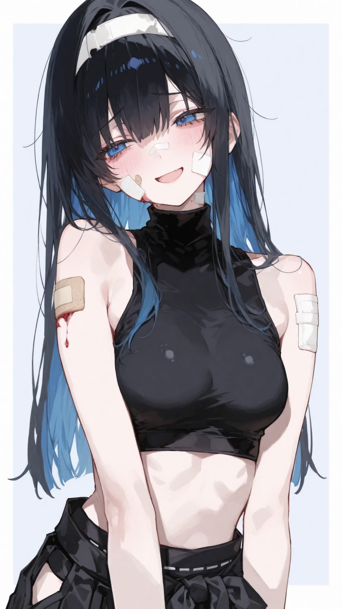 girl,Black-haired, Blue eye,Middle breasts,long hair,Black Turtleneck,Two-piece, Crop top, black Hakama, , open the shoulders, worried,At the white headband,standing, plaster on face,smile, mouth trembles, open mouth ,background color_,shy, shy, peaked cloth ,long hairระหว่างตายาว,wound closure plaster,Bruised face