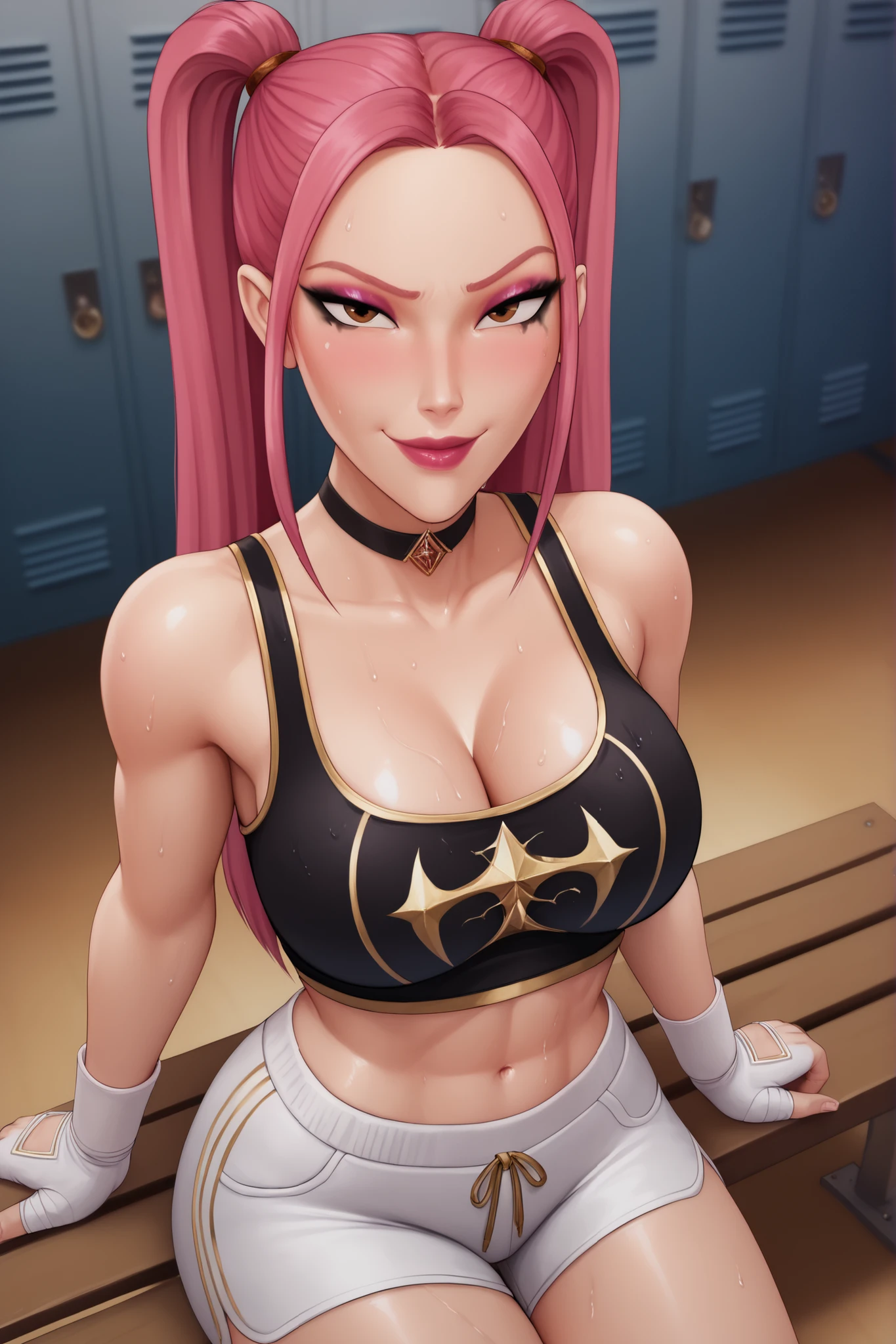 BREAK, score_6_up, score_7_up, score_8_up, score_9, 1girl, solo, kpdh_m1ra, long hair, dark pink hair, brown eyes, twintails, black choker, lipstick, makeup, official KPop Demon Hunters aesthetic, , busty, cleavage, curvy, athletic, looking at viewer, seducing viewer, teasing viewer, feisty expression, smiling, closed mouth, bedroom eyes, black sports bra with gold trim, white boxing shorts with gold trim, white wrist wraps, midriff, indoors, locker room, sitting on bench, closeup, portrait, upper body, high-angle view, pink eyeshadow, black eyeliner, black mascara, sweaty, sweat drops, wet skin, shiny skin, blushing 