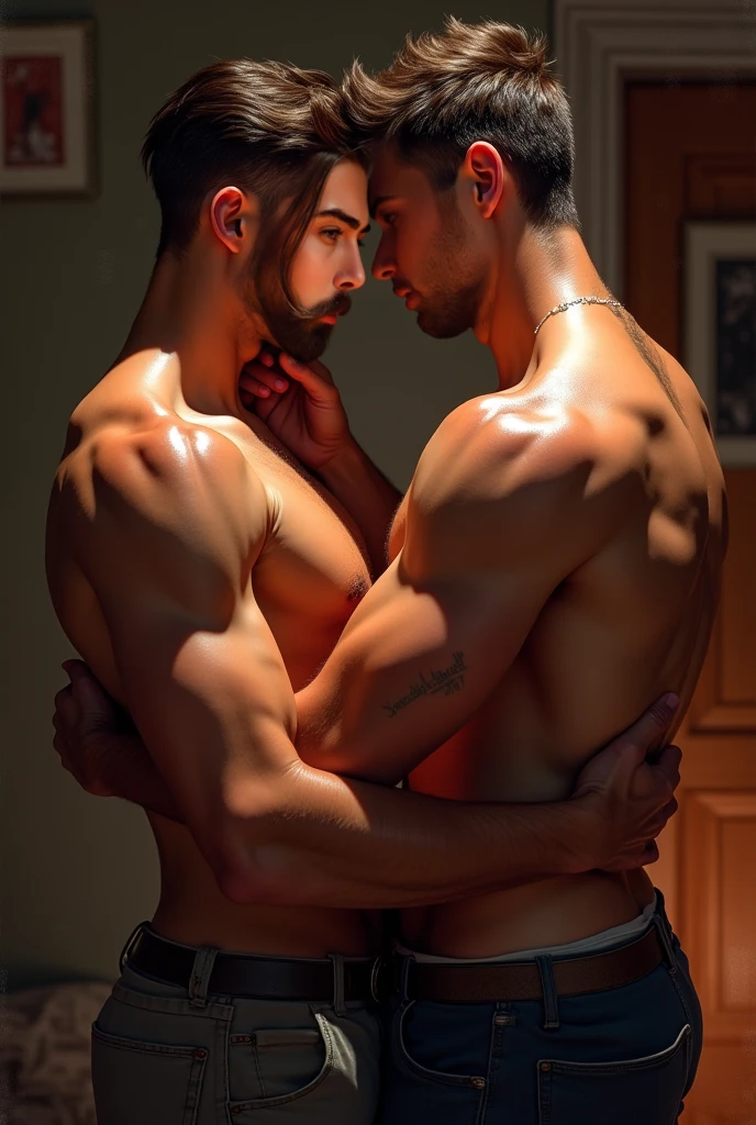 Two muscular ????? israel men with black short hair, two men embracing and kissing, outdoor background, dramatic lighting, realistic, cinematic, chiaroscuro lighting, moody atmosphere, sensual, passionate, romantic, high contrast, cinematic composition, masterpiece, ultra-detailed, 8k, photorealistic