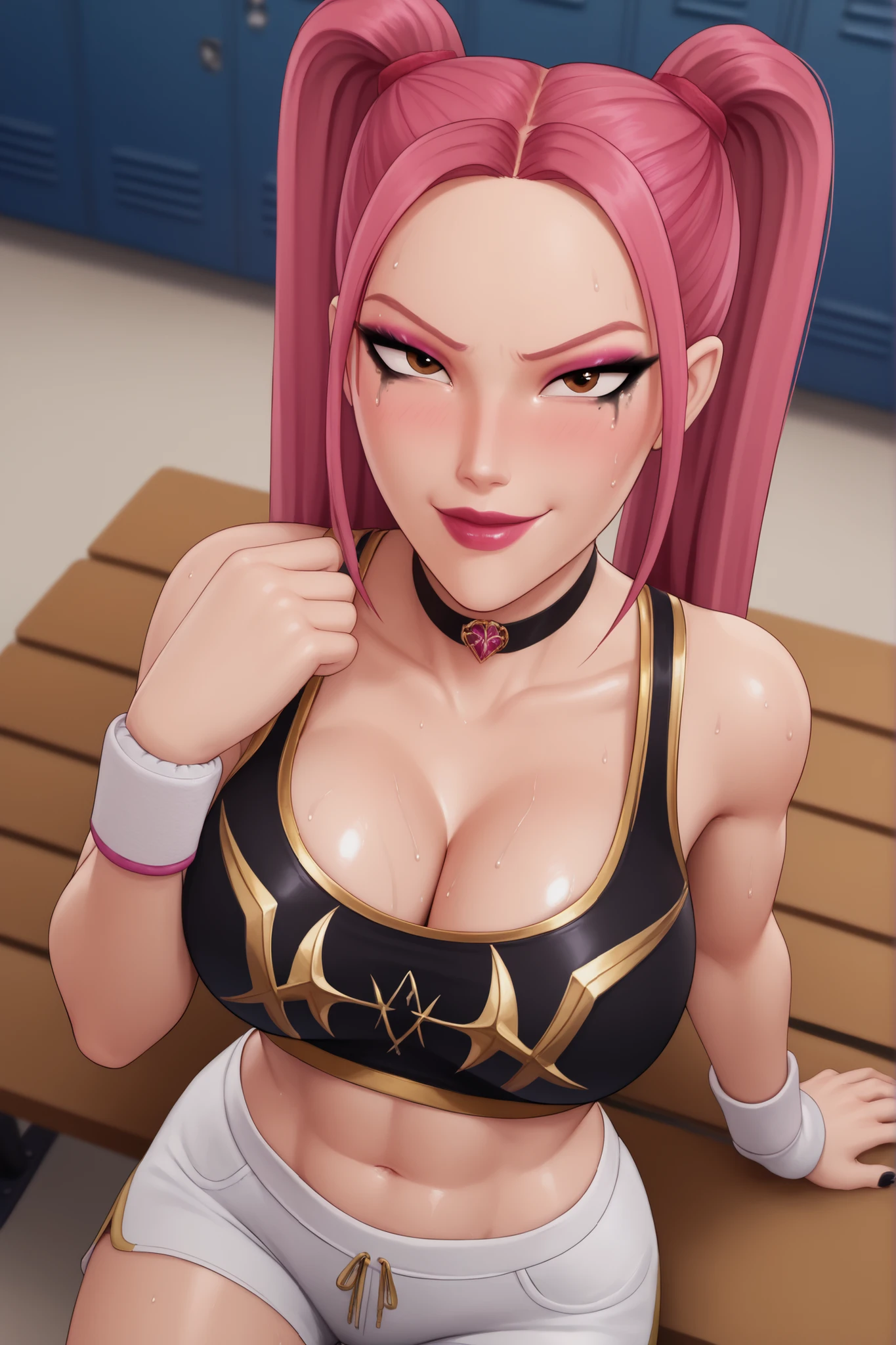 BREAK, score_6_up, score_7_up, score_8_up, score_9, 1girl, solo, kpdh_m1ra, long hair, dark pink hair, brown eyes, twintails, black choker, lipstick, makeup, official KPop Demon Hunters aesthetic, , busty, cleavage, curvy, athletic, looking at viewer, seducing viewer, teasing viewer, feisty expression, smiling, closed mouth, bedroom eyes, black sports bra with gold trim, white boxing shorts with gold trim, white wrist wraps, midriff, indoors, locker room, sitting on bench, closeup, portrait, upper body, high-angle view, pink eyeshadow, black eyeliner, black mascara, sweaty, sweat drops, wet skin, shiny skin, blushing 