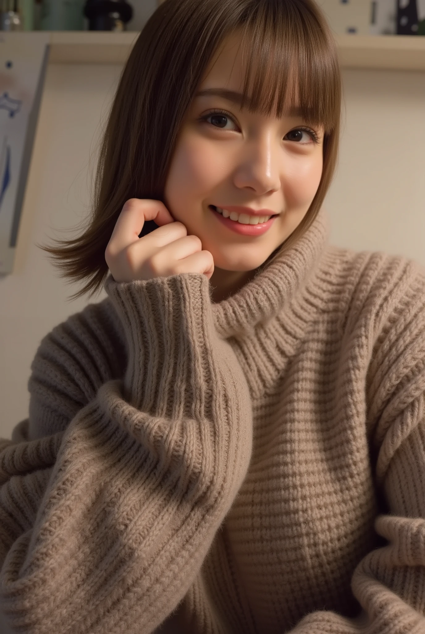 Genuine, , High Res Images , masterpiece, 以上から最High Quality , High Quality , Very Detailed, MORE INFO, vivid details, sharp concentration , professional lights , Alone, 1 girl, young Japanese woman, Up to , (( brown hair, pixie cut )), (( tanned skin at night :1.1)),active, like a boy , charm, , Tiny Head, Small Faces,beautiful detailed face, (smile) , ((sweater, miniskirt)), ((big :1.4)), Front Map, viewers, perfect hands, Perfect Anatomy,、cleavage