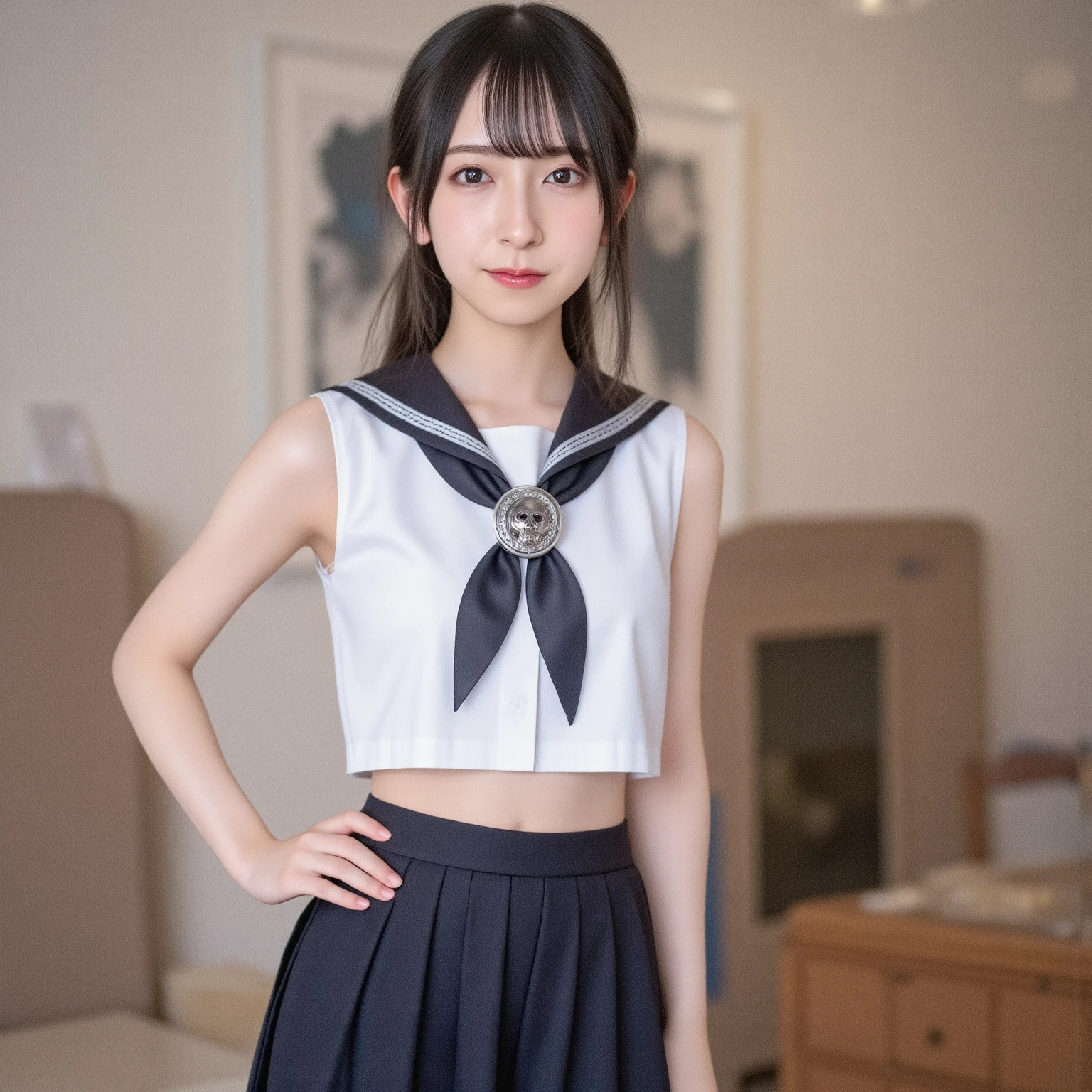 ((((((16 years old))))))、(((Ojamajo Doremi : 0.8)))、(((A charming face)))、(((Young face)))、(((beautiful girl)))、(((A beautiful woman)))、Beautiful woman、Cute woman、((Innocent face))、((Smile))、((Ultra-detailed face))、((Detailed lips))、((Detailed eyes))、((double eyelid))、(((Beautiful Face)))、(((Beautiful, well-shaped eyes)))、(((Beautiful, well-shaped lips)))、Very Short Hair、ponytail、Pixie cut、BREAK、BREAK、(((Ojamajo DoremiがWearing a sailor uniform)))、(((Wearing a sailor uniform)))、BREAK、8 heads、(((slender)))、(((Slim body)))、(((Thin body)))、(((Slim woman)))、(Flat :1.5)、BREAK、Photographic quality、Natural light、(フォトRealistic:1.4)、(Highest quality:1.2)、(Ultra-high resolution:1.2)、8K、RAW Photos、Realistic、High Detail、Film Grain、Detail Skin、Symmetrical、Delicate skin、Real human skin、pores、Super detailed、Detailed、(masterpiece : 1.2)、Thin face、Sharp Face、Small Face、Small face、Narrow shoulders、Small shoulders、Small shoulders幅、Slim shoulders、Narrow shoulders幅、Beautiful Japanese Woman、Beautiful Korean Woman、Slim womanモデル、Young Gravure Idol、Realistic young gravure idol、Young Sensual Gravure Idol、Young Pretty Gravure Idol、Japanese Model、Young Gravure Idol、((From the knee up)) 、(arms behind back:1.3)