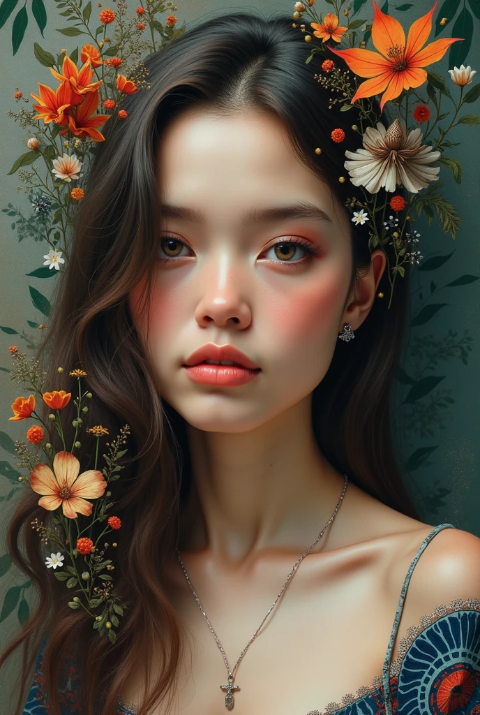 high res, high quality walkers, surface. Realistic images that represent the beauty of the girl. The 20-year-old Japanese, kawaii idol style fused with Art Nouveau elegance and biomachineryกล integration. her skin. Fascinating represents the complexity, Convex, Flow, Curve, botanical motifs characteristic of Nuovo art, seamlessly merging with Shiny, Copper , and brass, machinery, little mechanics-little gears, Piston, and filigree patterns visible under the, Shine light faintly with internal, , warm, แสงcolorเหลืองอำพัน. . She lies lazily on something big, imaginary agent, machineryกล, inside a dense forest, steampunk inspiration, a forest created from weaving together, metal, wine, Shine light, Vacuum tube, and brass, leaf. Her eyes, the color of aged, Shiny, colorบรอนซ์, holds calm, Melancholy , , an interesting curious gesture. features delicate makeup, Copper , , eye shadow and clearly defined brows. ผมของเธอเป็นcolorที่อุดมสมบูรณ์, Auburn, color, Loose style, Flow, waves woven together Fine, metallic, leafและดอกไม้เล็กๆ, Shine light, bulbs . eye-level image, ที่เcolorยหายจากฟิล์ม (135mm.), create a shallow depth of imagery to separate her fine form from the complexity., Softly blurred, machineryกล forest background, , warm, Soft, Diffuse light, complex details.
