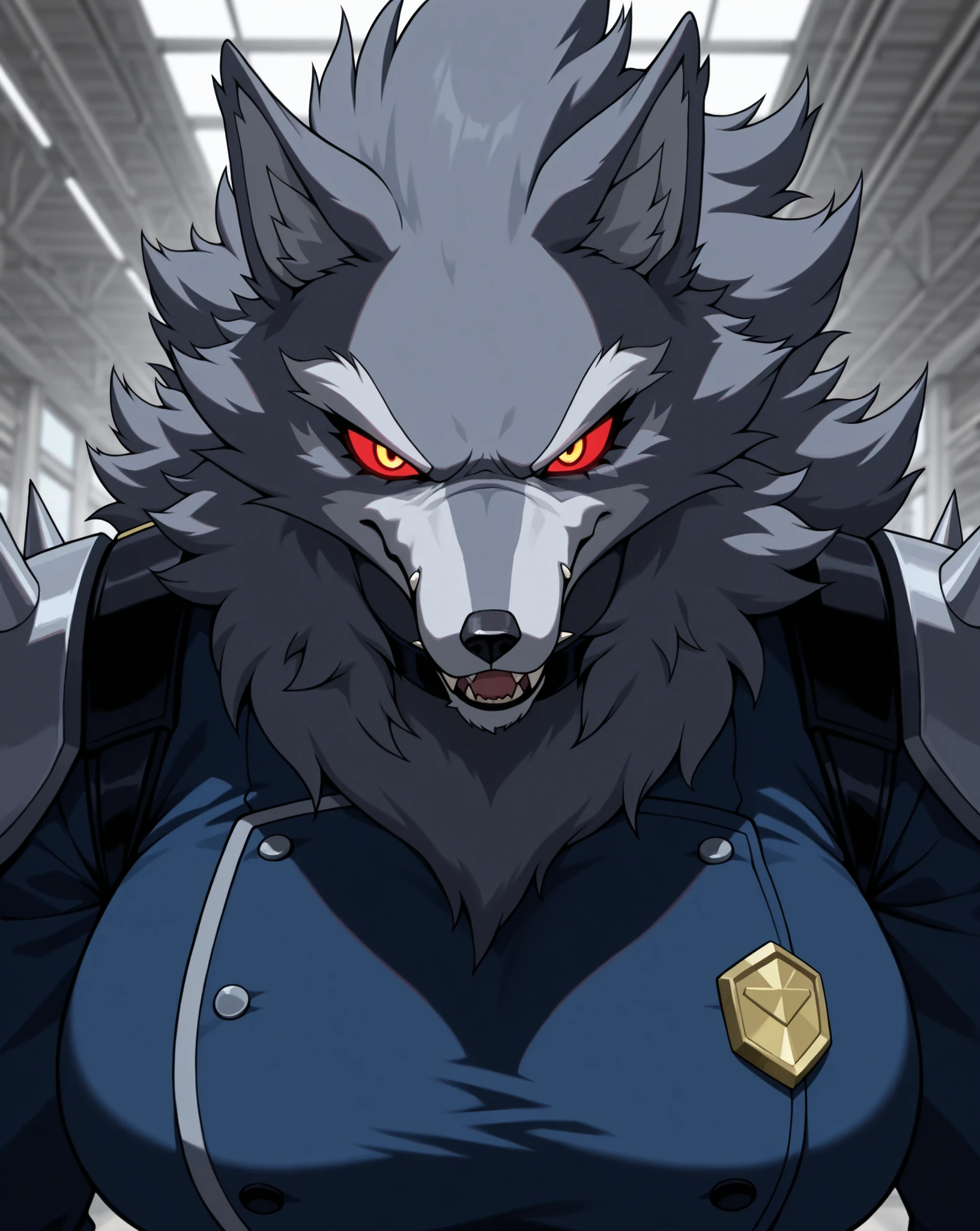 (Blitzwolfer, anthropomorphic wolf-like creature: 1.4), 1girl, solo, dark bluish-gray head, , prominent fangs, mane, cel shading, bold outlines, simplified shading, exaggerated proportions, clean lines, solid colors, even and uniform lighting, high contrast, dark bluish-gray, light gray, black, white, cool color palette, High-quality masterpiece, highly detailed, sharp focus. Wolf O'Donnell, Red Eye, close up, close view, close face, day train station background, inspector's uniform