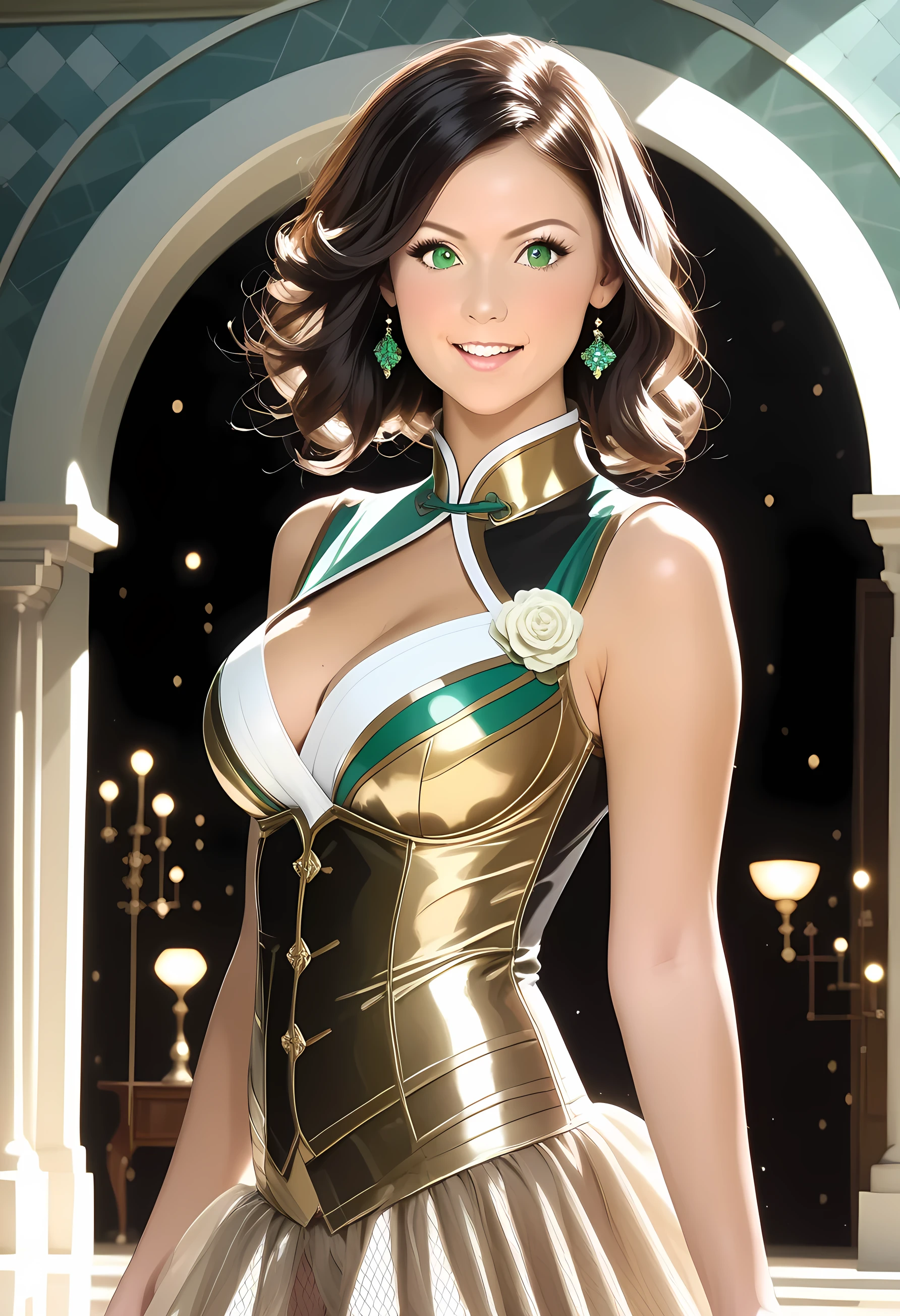 ((perfect )), (photo realistic), (very aesthetic), (highres), (detailed eyes), (top quality), (Realistic), (Super Detailed), (masterpiece), (top quality), (very detailed), (ultra detail), (Super detail), top quality, high resolution, Highly detailed hair, flowing hair, delicate texture, Fine hair details, Realistic hair shading, 絹のように滑らかな髪, ドラマチックな照明, 逆光, 深い影, 黒髪, マインドコントロール, パイルドライバー, 掴まれ, panchira, (暗い部屋, 汗, 素肌の小剥き出しを掴む, clear hands), 超リアルで精細な画像, girl:japanese girl, very short hair, (mint green eyes:1.2), busty, full bust,  eyes looking down, a sneer on the lips, fighting stance, black-and-gold cheongsam with high-leg cut, mesh skirt overlay, dragon-scale pattern, fallen statues, golden carvings damaged by impacts, masterpiece, ultra high resolution, (highly detailed:1.5), 8k, photorealistic, realistic, high-quality face, very awa, safe, newest, cinematic lighting, を着て, タイトフィットの, 体型を際立たせる半袖の青いボディスーツ,