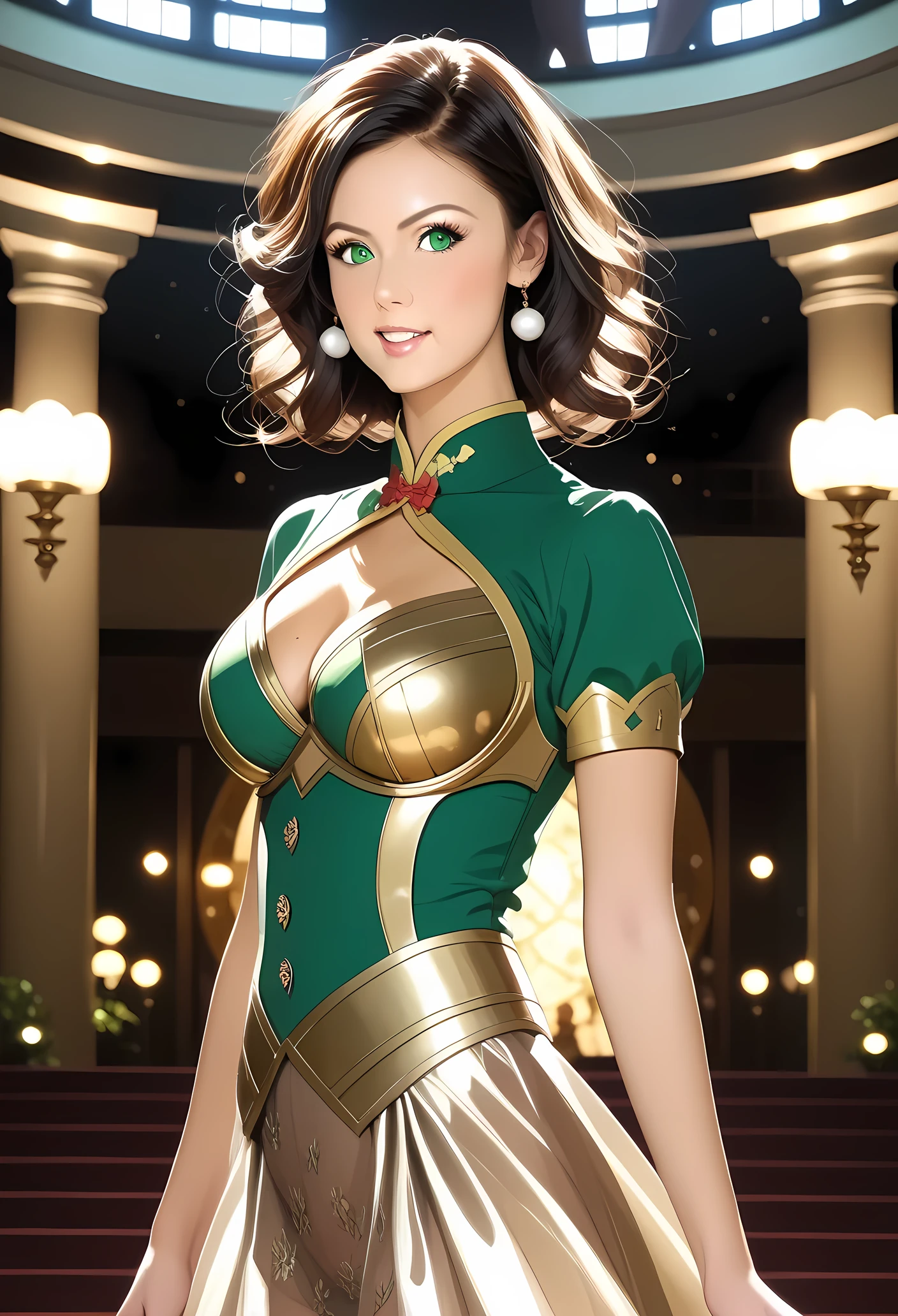 ((perfect )), (photo realistic), (very aesthetic), (highres), (detailed eyes), (top quality), (Realistic), (Super Detailed), (masterpiece), (top quality), (very detailed), (ultra detail), (Super detail), top quality, high resolution, Highly detailed hair, flowing hair, delicate texture, Fine hair details, Realistic hair shading, 絹のように滑らかな髪, ドラマチックな照明, 逆光, 深い影, 黒髪, マインドコントロール, パイルドライバー, 掴まれ, panchira, (暗い部屋, 汗, 素肌の小剥き出しを掴む, clear hands), 超リアルで精細な画像, girl:japanese girl, very short hair, (mint green eyes:1.2), busty, full bust,  eyes looking down, a sneer on the lips, fighting stance, black-and-gold cheongsam with high-leg cut, mesh skirt overlay, dragon-scale pattern, fallen statues, golden carvings damaged by impacts, masterpiece, ultra high resolution, (highly detailed:1.5), 8k, photorealistic, realistic, high-quality face, very awa, safe, newest, cinematic lighting, を着て, タイトフィットの, 体型を際立たせる半袖の青いボディスーツ,