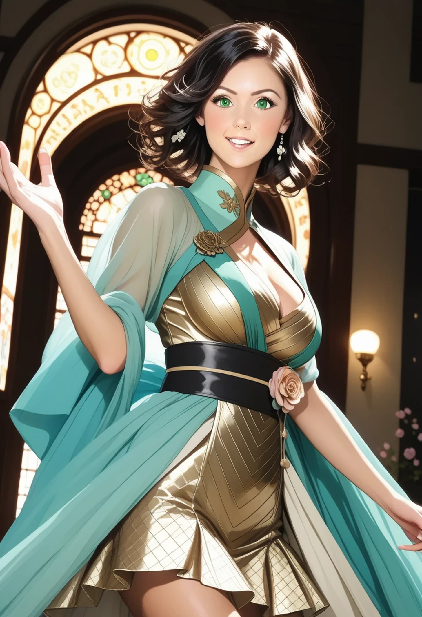 ((perfect )), (photo realistic), (very aesthetic), (highres), (detailed eyes), (top quality), (Realistic), (Super Detailed), (masterpiece), (top quality), (very detailed), (ultra detail), (Super detail), top quality, high resolution, Highly detailed hair, flowing hair, delicate texture, Fine hair details, Realistic hair shading, 絹のように滑らかな髪, ドラマチックな照明, 逆光, 深い影, 黒髪, マインドコントロール, パイルドライバー, 掴まれ, panchira, (暗い部屋, 汗, 素肌の小剥き出しを掴む, clear hands), 超リアルで精細な画像, girl:japanese girl, very short hair, (mint green eyes:1.2), busty, full bust,  eyes looking down, a sneer on the lips, fighting stance, black-and-gold cheongsam with high-leg cut, mesh skirt overlay, dragon-scale pattern, fallen statues, golden carvings damaged by impacts, masterpiece, ultra high resolution, (highly detailed:1.5), 8k, photorealistic, realistic, high-quality face, very awa, safe, newest, cinematic lighting, を着て, タイトフィットの, 体型を際立たせる半袖の青いボディスーツ,