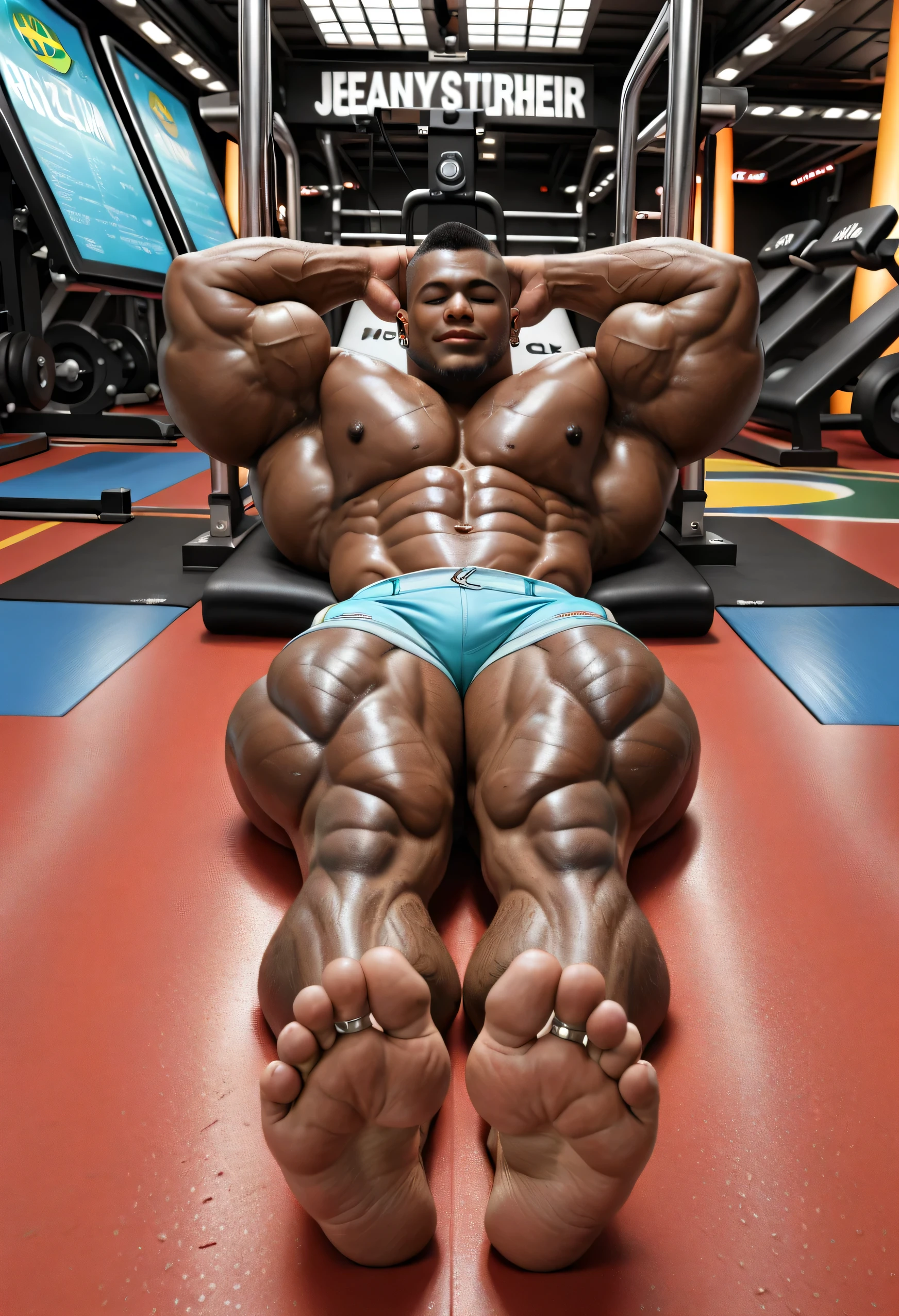 masterpiece, best quality, amazing quality, high quality, Very Awa, RAW photo, (Perfectly Photorealistic Style), (Perfectly Anatomically Correct). (Human), (1boy:1.2), (Huge Adult Male muscular bara Human Brazilian Man), Himbo, Very Masculine, Huge Man, (Dark Body:1.4), (Perfectly Realistic Brazilian Man Dark Skin:1.4), (Perfectly Realistic Brazilian Man Dark Skin Texture:1.4), Huge Hyper Veiny Bulging Muscle:2, Huge Bodybuilder Physique, Huge Bulging Pectoral, Huge Wide Broad Chest, Huge Bulging Abs, Huge Wide Broad Shoulders, Huge Wide Broad Back, Eight-Pack abs, Huge Pecs, Protrusion, Huge Thick Legs, Strong Body. (Realistic Detail Hazel Eyes:1.4), Perfectly Realistic Detail Bara Human Handsome Male Young Brazilian Face, hairy chest, hairy back, hairy legs, hairy thighs, hairy arms, pubic hair, (Brazilian Male Short Kinky Haircut in a tapered fade haircut, clean edges:1.4), (Brazilian Male light stubble beard, subtle facial hair style with even shadow:1.4), Huge muscular butt:2. Ear piercings, Rings, (Realistic Human Hands), (Natural Palms color:1.2), (5 fingers:1.2), (Fingernails), (Realistic human feet), (5 toes:1.2), (Natural Soles of Feet Color:1.4), (huge size 20 feet:1.4), (10 feet tall:1.4). (In a Realistic Futuristic Gym, neon-lit workout areas with holographic gym-equipment, rocky interior:1.4), (Solo), looking at the viewer:1.8, (front view:1.8, facing to the front:1.8), (lying on the ground, on his back:1.8), both of his legs are lifted mid air, showing his soles of feet, (Feet focus:1.5), hand on his own cheek, focus face, close up face, smug smirk. (Wearing a small tight transparent Cheeky Jean Shorts:1.4), Uncensored, (Puffy Dark Nipples).