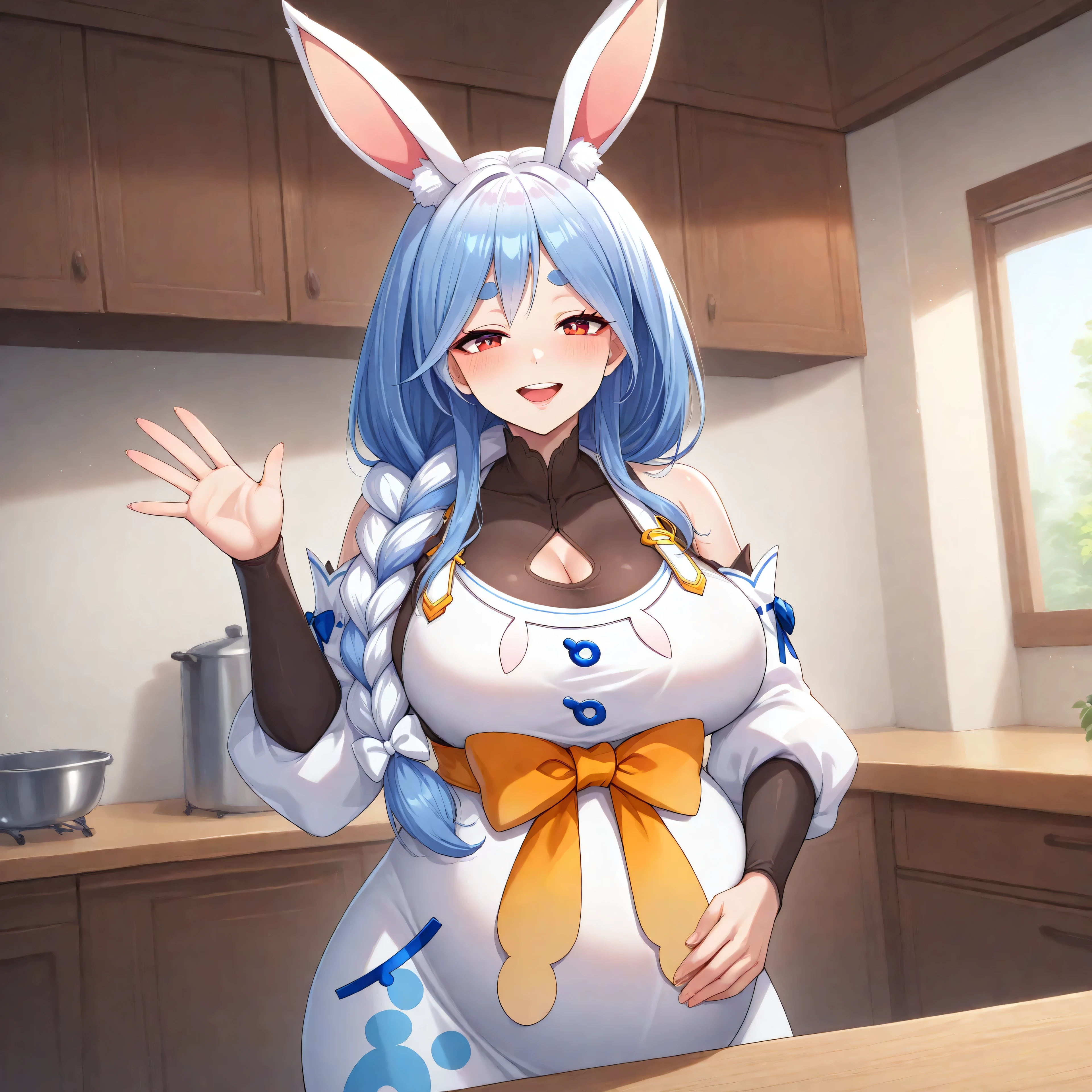 anime, lazypos, masterpiece, high contrast, vibrant colors, high contrast, in apartment, in kitchen, standing, sultry pose, 1girl, pekomama, mature female, rabbit girl, rabbit-shaped pupils, short eyebrows, braided ponytail, rabbit ears, thick eyebrows, animal ear fluff, braid, red eyes, cleavage, white apron, waving at viewer, pregnant,