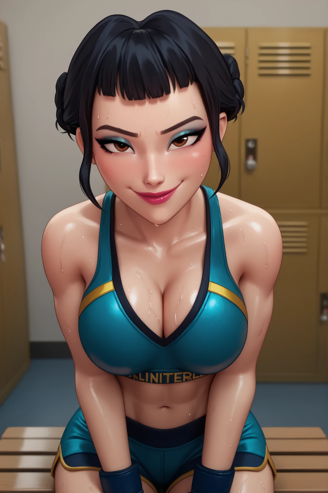 BREAK, score_6_up, score_7_up, score_8_up, score_9, 1girl, solo, kpdh_z0ey, black hair, short hair, hair bun, brown eyes, blunt bangs, lipstick, makeup, official KPop Demon Hunters aesthetic, , busty, cleavage, curvy, athletic, looking at viewer, seducing viewer, teasing viewer, feisty expression, smiling, closed mouth, bedroom eyes, blue sports bra, dark blue boxing shorts with yellow trim, blue wrist wraps, midriff, indoors, locker room, sitting on bench, closeup, portrait, upper body, high-angle view, blue eyeshadow, black mascara, sweaty, sweat drops, wet skin, shiny skin, blushing
