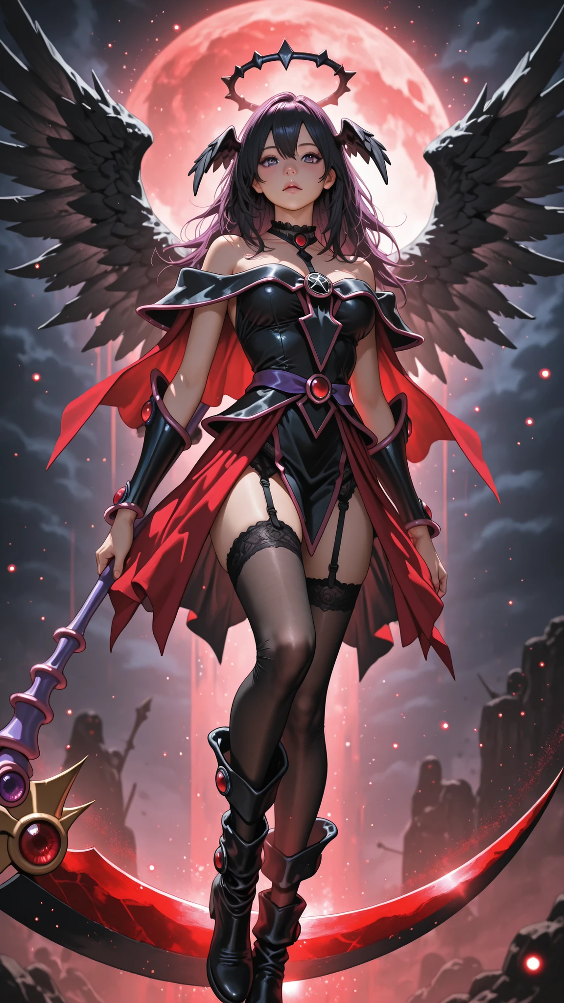 Darck magician girl. PhotoRealistic、(Horror Taste:0.7)、(fantastic)、(contrast between light and shadow、solo、Fallen Angel Girl、(Black half shattered angel halo)、dark haired、Purple Eyes、Cold look、Red and Black Gothic Dress、Garter belt up to the thigh、black stockings、black short boots、Black Wings emitting Black Particles、Red scare 々Holding a large scythe in your hand、pose where you open your and wield the scythe、Particles in the trajectory where the scythe was swung