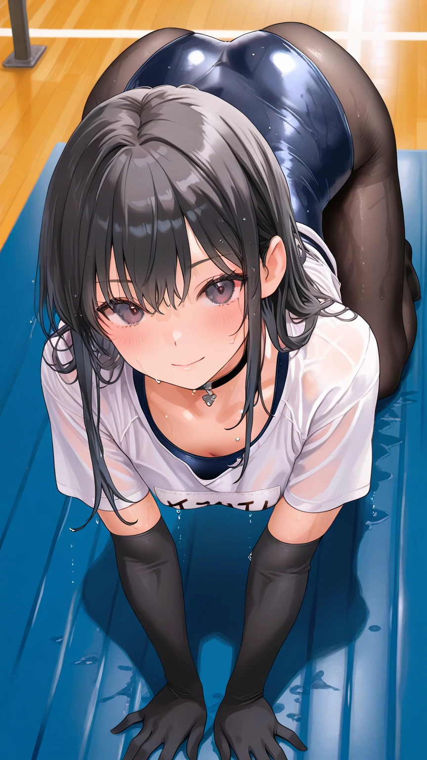 masterpiece, Highest quality, Nico_Yazawa,High resolution, 1 Girl, alone, Brown Hair, short hair, Twin tails、Purple eyes,  , , (Cleavage)、(Beautiful thighs), Carrying a red backpack, (randoseru backpack:1.2) Sweaty、Thick thighs、Highest quality、4K、1girl, 8years old, loli, cute, grin, 、School Swimsuit、on the train、、、Thick thighs、??????、Men holding their ??????? and surrounding girls、????? from the ?????、???????、???????、（???????）projectile ???、???????、Lots of spectators