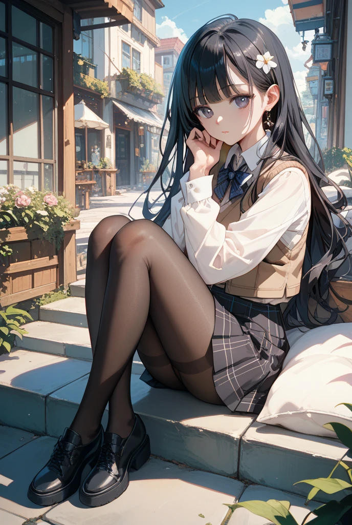 Top quality, masterpiece, High resolution, (Head to toe full body), front, frontやや下からの構図, Symmetric, Tall 18 year old girl, alone, (Head to toe), (Small ???????), Unkempt brown hair, bangs, (black tights), (Black Pantyhose), (Sit with your ??????????), (Crouching pose), (A composition showing white panties), (Her legs were spread、I see your white pants.), (I was made to sit on the floor with my legs spread..), (M-shaped legs), Thin legs, A very beautiful and tall 18 year old girl, (No shoes), blush, Shy big eyes, looking at the camera, Blazer Uniform, Checkered Pleated Skirt