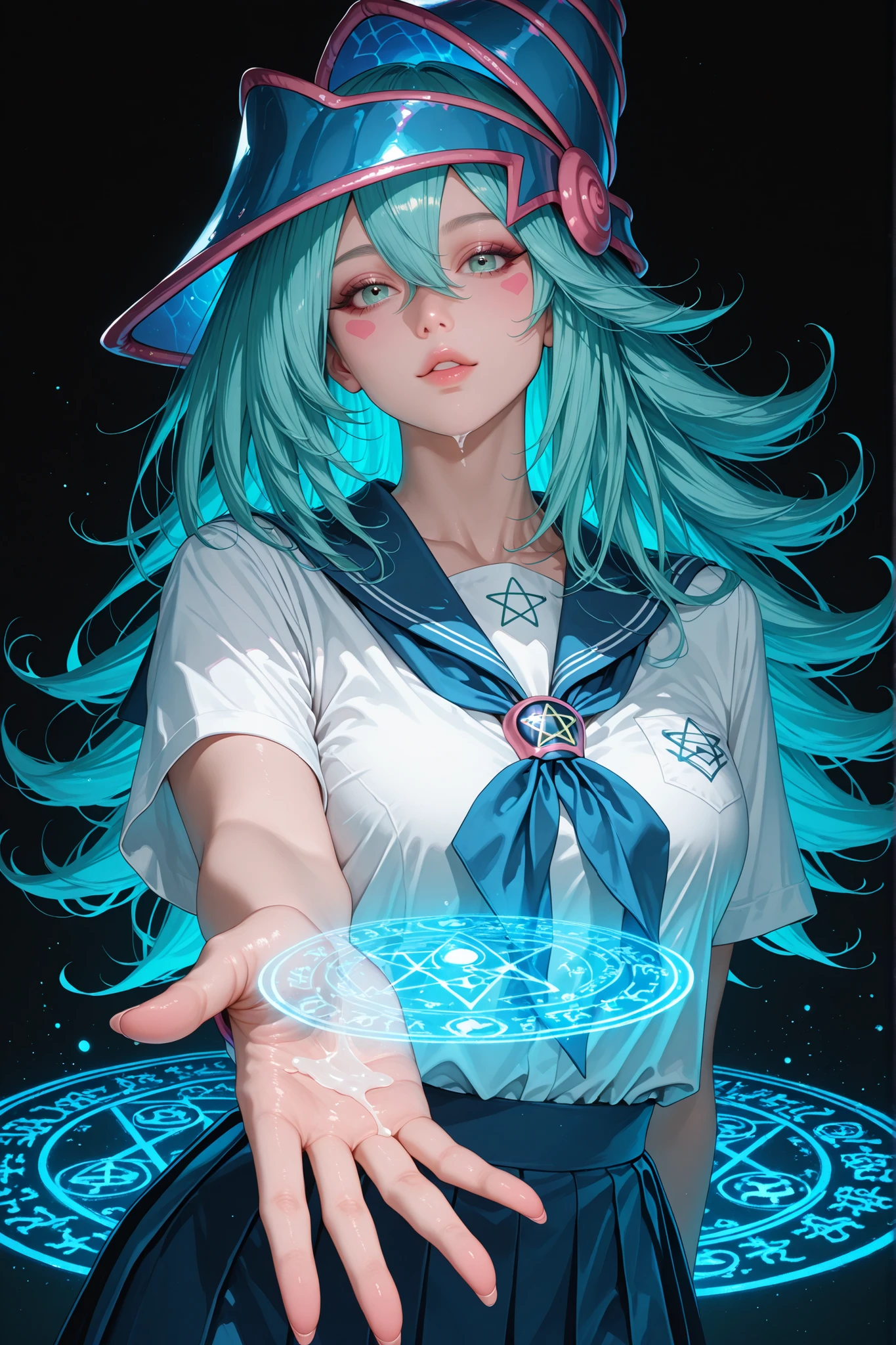 Dark Magician girls. realistic, Medium Shot Like a Painting of a Seductive White Woman, 2, 5'9" tall, perfect, Graceful physique . Her Long, Wavy Hair Is Vivid Turquoise Blue,.  She's Attractive //, Beautiful Woman in School Uniform,  Her pose is fluid and captivating, As if offering a magical drop、Extending one hand towards the viewer.Emits a Magical Magic Circle from One Hand/ tender, Neon Colored Diffused Light from the Magic Circle, Shining brightly, 