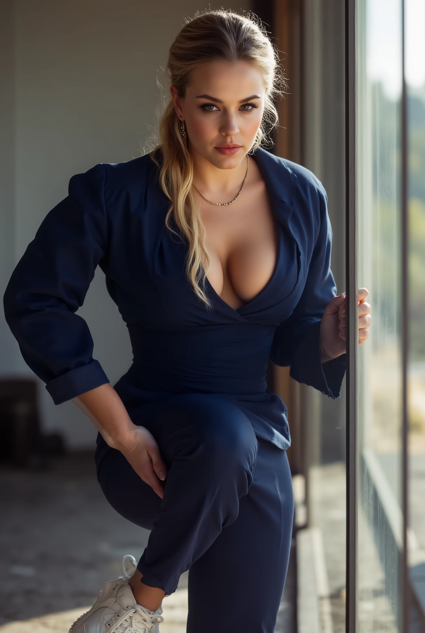 23 years old, ((full curved lips)), (((hazel eyes1.3))), ((curvy body with medium-large breasts)), blonde, ((sun-kissed olive skin)), ((soft facial shadows)), ((Italian appearance))A strong-bodied woman in a navy outfit adjusts her shoelaces on the sidelines, hair tied in a messy braid. ultra realistic, photorealistic, la photographie, 8K UHD, la photographie, tetas grandes((ultra detail clothes))
