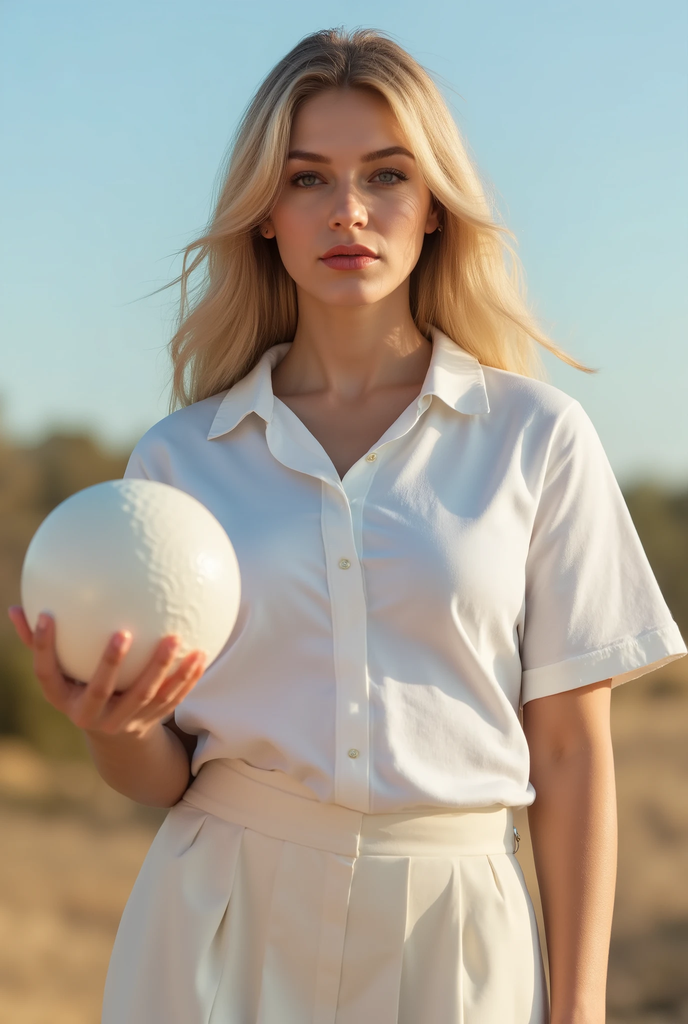23 years old, ((full curved lips)), (((hazel eyes1.3))), ((curvy body with medium-large breasts)), blonde, ((sun-kissed olive skin)), ((soft facial shadows)), ((Italian appearance))A serious-looking woman in a white polo and pleated skirt holds a ball between her fingers, standing under a clear sky. ultra realistic, photorealistic, la photographie, 8K UHD, la photographie, tetas grandes((ultra detail clothes))