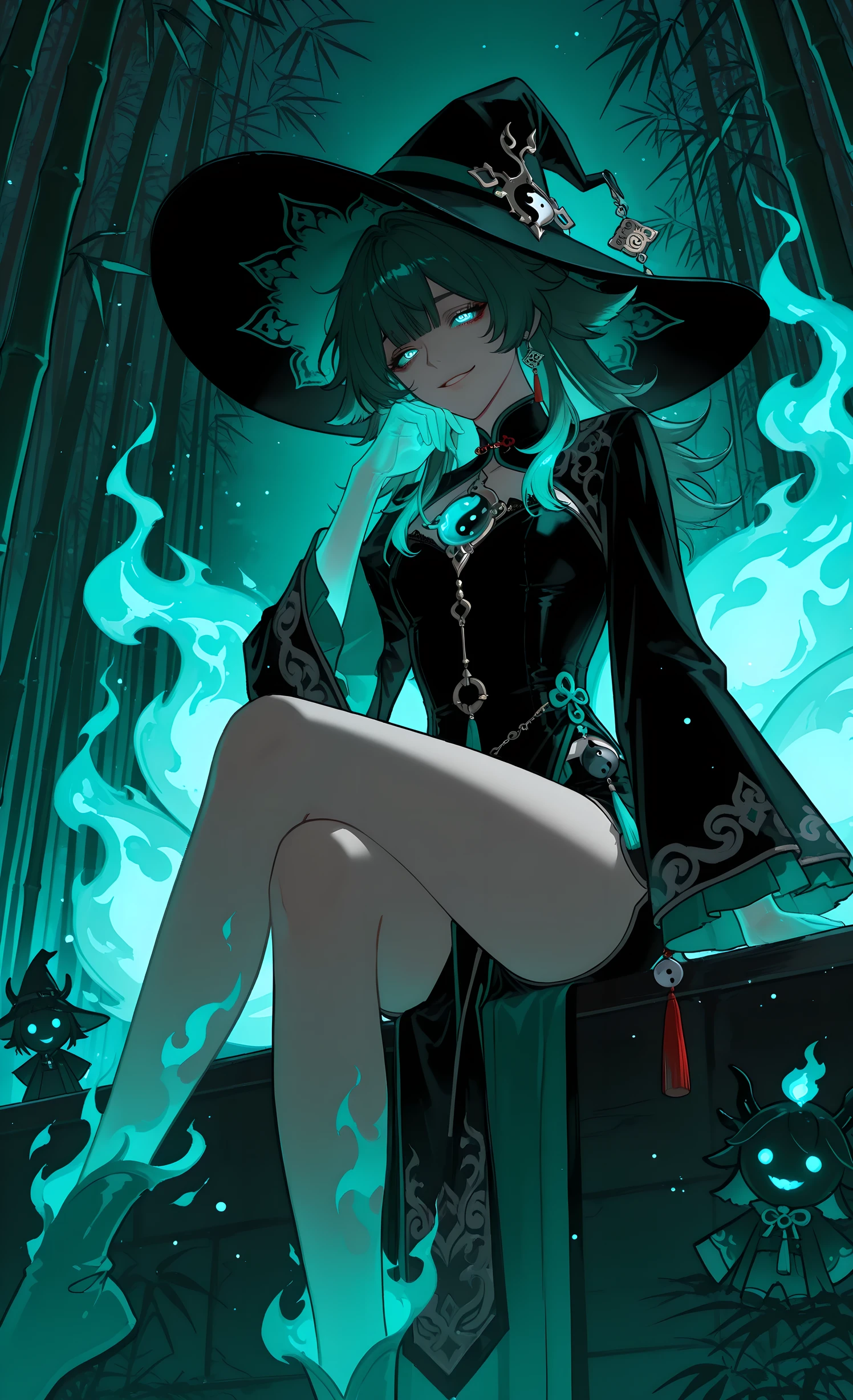 (thenintlichen96, yuming_li), (renjian_shilian), (vonnabeee), ellie niunai zhuyi zhe, (xbsx), (reammara), (pastel theme), 1girl, petite, huohuo \(honkai:star rail\), solo, smirking, mad look, aqua eyes, glowing eyes, (alternate costume), multicolored fabric, dark green cheongsam, long sleeves, wide sleeves, floral jacquard, lace trim, shorts, long pelvic curtain, earrings, jewelry, yin yang, red tassels, chinese aesthetic, (transparent hands), aqua hands, (multiple tails), fox tails, ((ghost fire)), ghost tails, fox ears, ((witch hat)), (paper doll), yellow talisman, upper body, hand on own face, sitting, crossed legs, from below, night, rocks, bamboo, dangerous atmosphere, (dark atmosphere), cinematic lighting, light particles, (aqua theme), ((dimmed light)), chromatic aberration