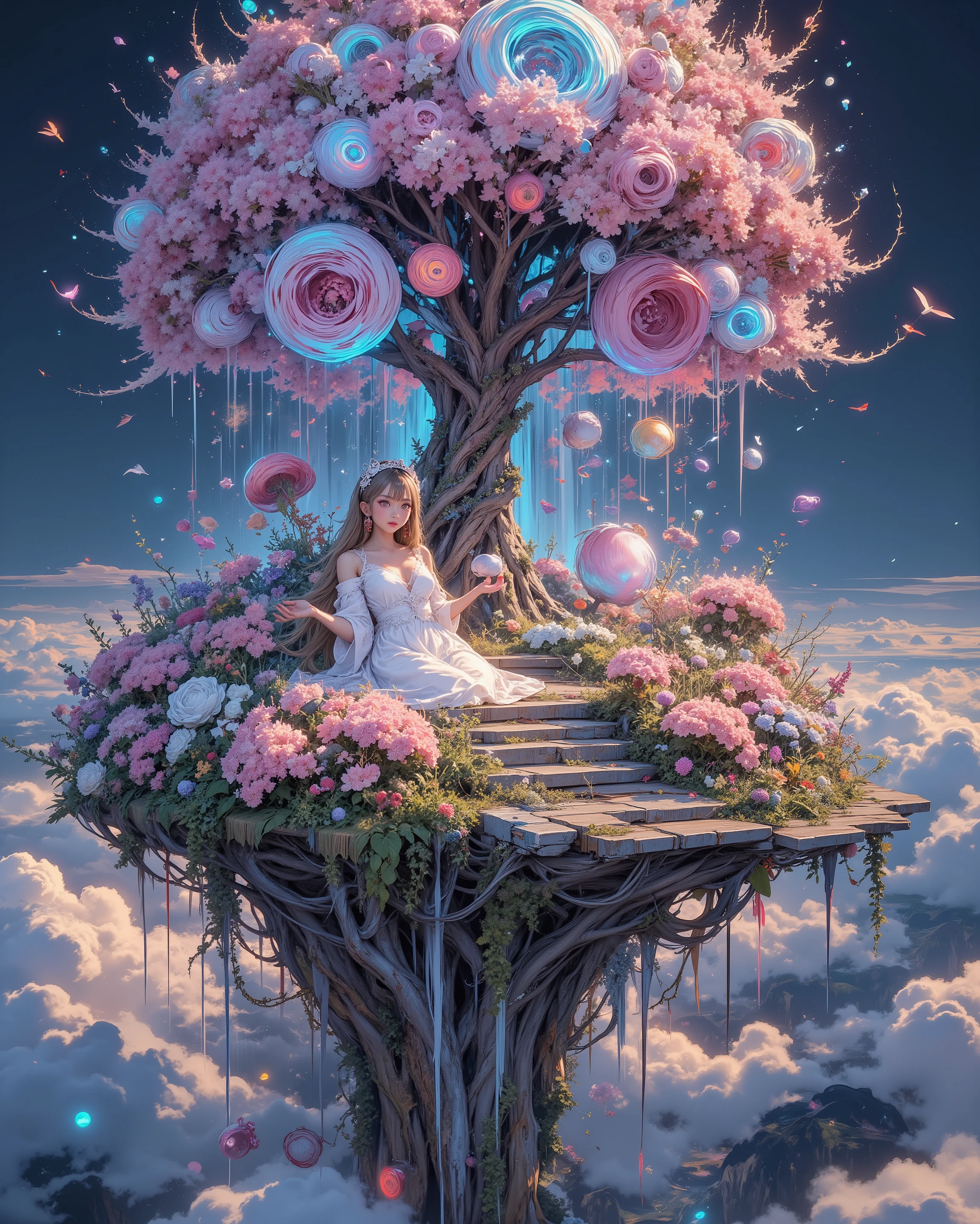 A floating island adorned with an aerial garden bursting into an explosion of colors. Countless luminous flowers bloom in vivid hues, forming a mesmerizing paradise. A woman sits elegantly amidst this radiant display, her presence serene yet enchanting. The air shimmers with ethereal light, amplifying the dreamlike atmosphere. Captured from a distance, she gazes at the viewer, surrounded by a surreal symphony of floating blossoms. The scene is cinematic, rich in harmony, blending realism with fantasy in a breathtaking spectacle.
