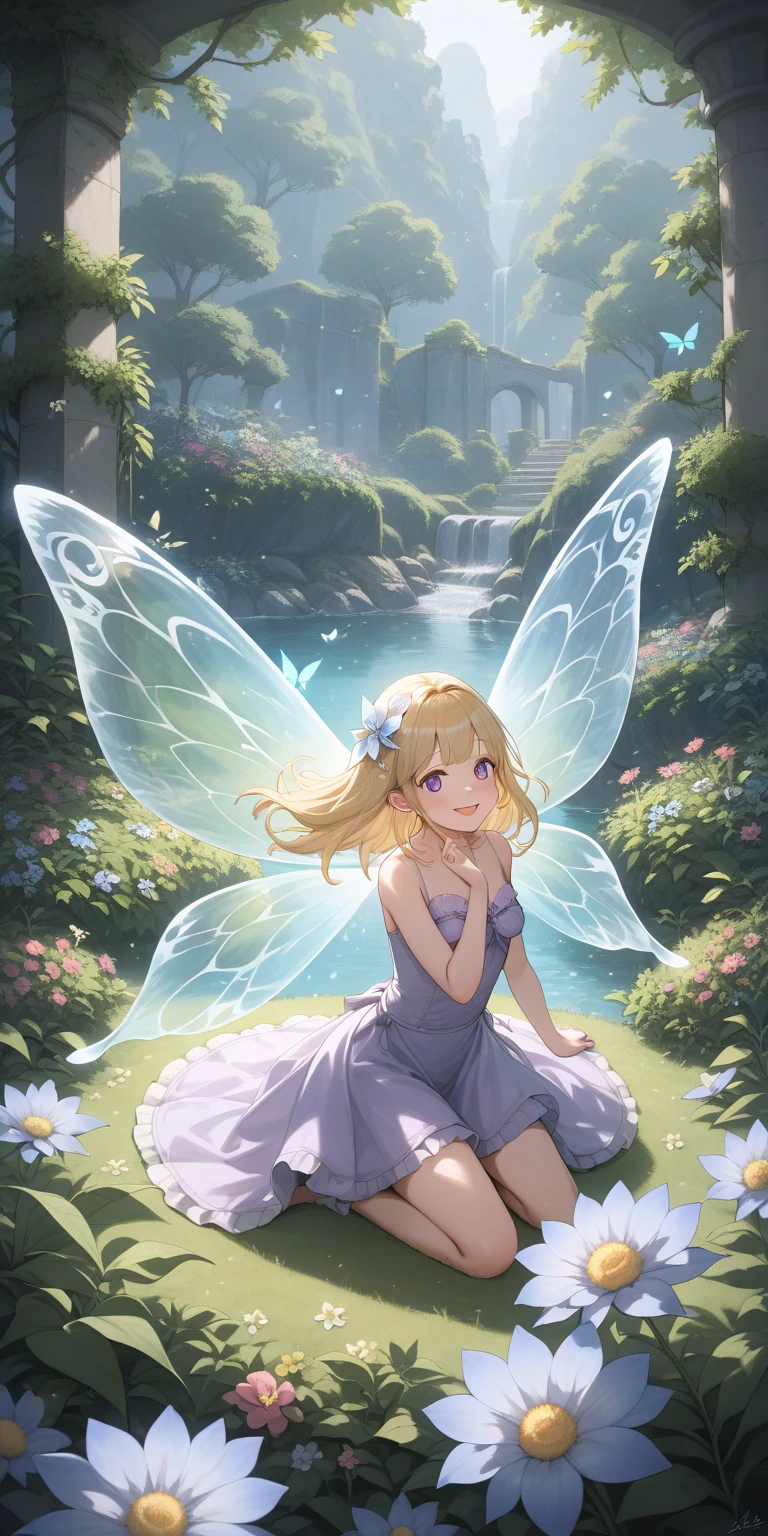painting, Impressionism, Sitting by a fountain deep in the forest，Bask in the gentle sun, Feet of a girl immersed in water, Beautiful face and bright eyes. (Large fairy wings with sunlight effect:1.5) 。She was wearing a delicate lace dress. Fantastic deep forest lakeside decorated with flowers. Floral. Reflection. Bright colors. High image quality.
