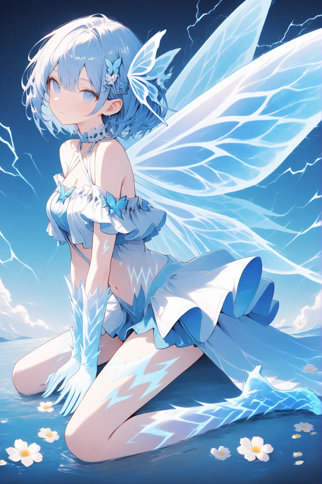 Sexy off-the-shoulder dress, white and blue style, bare shoulders, butterfly hair ornament, crossed straps, blue wings, butterfly wings, thunder wings, fairy wings with thunder, swimsuit-style skirt, blue and white outfit, ruffled blouse, sensual dress, flower in hair, white flower, hair clip, halter neckline, leg tattoo, collar detail, navel, made of blue and white lightning bolt trails, lthndrtrl, beautiful girl, fairy, detailed giant wings, giant wings with lightning-like aspects, long white-blue hair, vibrant blue eyes, well-detailed hands, well-drawn hands, detailed feet, well-drawn feet, beauty with cuteness and a touch of sensuality