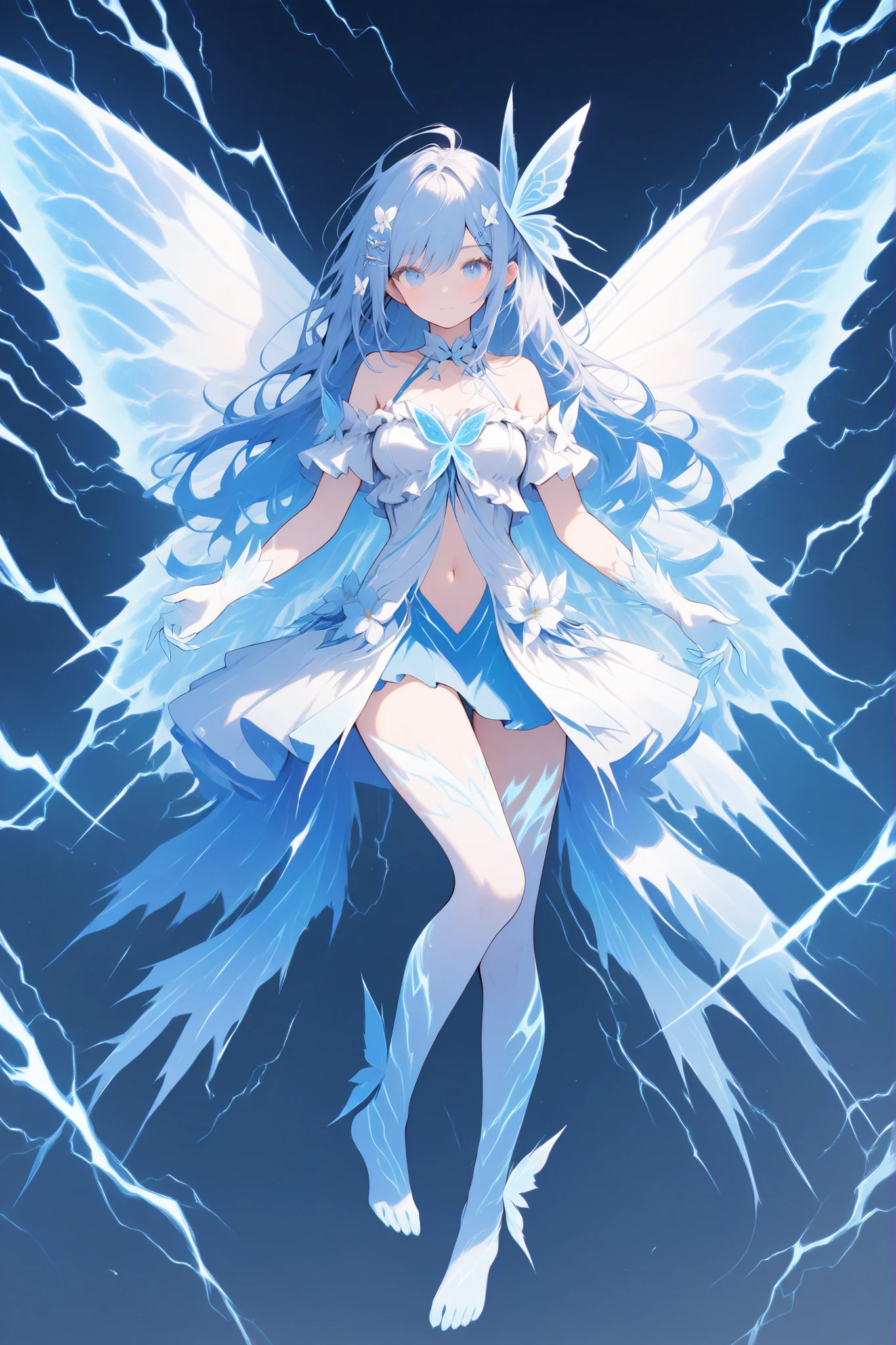 Sexy off-the-shoulder dress, white and blue style, bare shoulders, butterfly hair ornament, crossed straps, blue wings, butterfly wings, thunder wings, fairy wings with thunder, swimsuit-style skirt, blue and white outfit, ruffled blouse, sensual dress, flower in hair, white flower, hair clip, halter neckline, leg tattoo, collar detail, navel, made of blue and white lightning bolt trails, lthndrtrl, beautiful girl, fairy, detailed giant wings, giant wings with lightning-like aspects, long white-blue hair, vibrant blue eyes, well-detailed hands, well-drawn hands, detailed feet, well-drawn feet, beauty with cuteness and a touch of sensuality
