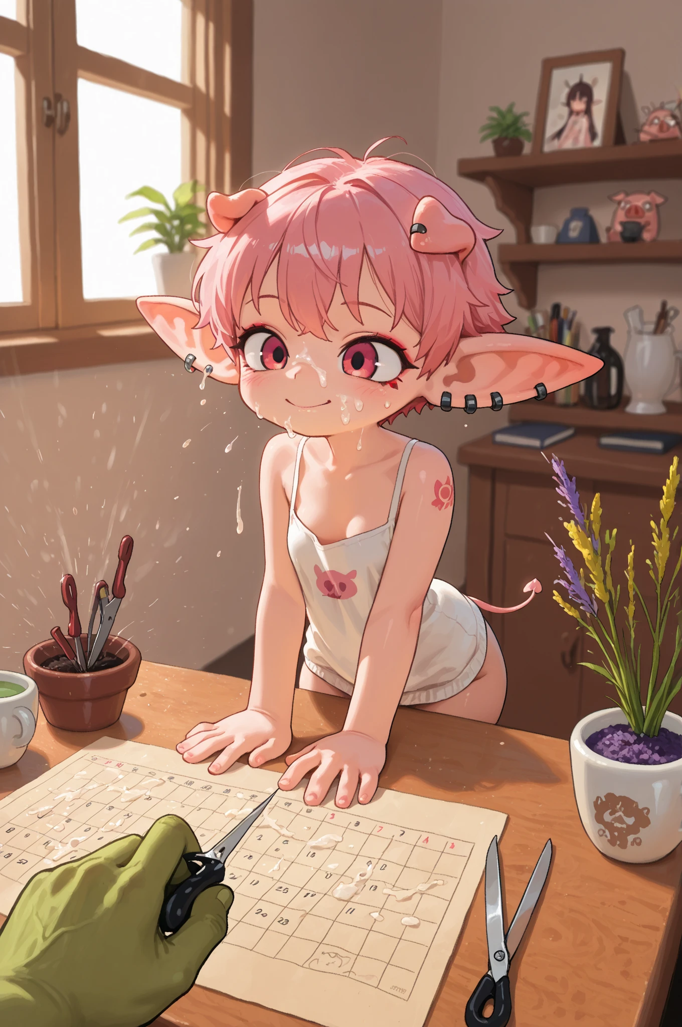 female punk, rainbow colors hair, very short hair, black eye , facial piercings, eye makeup, small breasts, meduim hips, (goblin girl:1.0) (shortstack:1.0) (green skin:1.0) (pointy ears:1.0) (wide hips:1.0)| The pig is the star of the scene: vibrant pink skin, long flowing mane styled in soft waves, and a delicate heart tattoo near its ear. It sits calmly, eyes half‑closed in relaxation, front paws resting on the table’s edge. Around the workspace: grooming tools (brushes, sprays, clippers), colorful ribbons, and swatches of fabric for potential accessories. Pastel‑colored walls, large windows letting in warm daylight, and potted plants add to the airy atmosphere.On a nearby shelf — inspiration boards with sketches of whimsical pet hairstyles and costume ideas. A mirror reflects the stylist’s concentrated expression and the pig’s serene profile. Subtle details: a cup of herbal tea on a side table, a calendar marked with appointment times, and a “Best in Show” trophy in the corner.Color palette: soft pastels (mint, lavender, peach) accented by the pig’s vibrant pink and natural wood tones of the furniture. Warm, diffused lighting creates a welcoming, creative environment.Style: photorealistic with a touch of playful charm, 8k resolution. Detailed textures: wool fibers in the sweater, pig’s smooth skin, wooden table grain, and metallic sheen of the scissors.Composition: medium shot from a slightly elevated angle, focusing on the interaction between stylist and pig. Shallow depth of field highlights the scissors and the pig’s mane.PG‑13 tone: lighthearted and imaginative, emphasizing creativity, care, and the joy of artistic expression. No distress or discomfort shown.Atmosphere: a haven of pet fashion and individuality, where every client gets a bespoke, lovingly crafted look. Best quality, storytelling through vibrant details and heartwarming interaction.