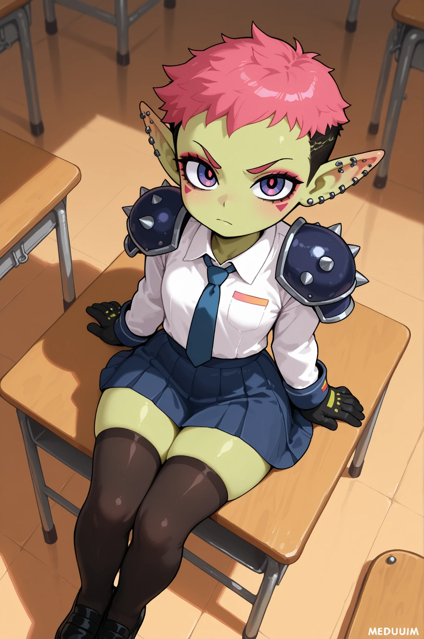 female punk, rainbow colors hair, very short hair, black eye , facial piercings, eye makeup, small breasts, meduim hips, (goblin girl:1.0) (shortstack:1.0) (green skin:1.0) (pointy ears:1.0) (wide hips:1.0)| 1girl, solo, closed mouth, St_Arcadia_Uniform, school uniform, clothes, shoulder pads, necktie, long sleeves, pleated skirt, black thighhighs, legs together, looking at viewer, sitting on desk, school desk, classroom, from above, dutch angle, light theme , gloves
