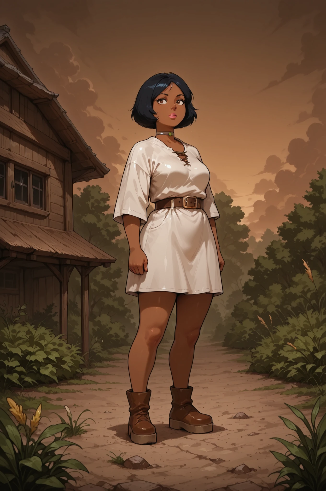 totally_spies_2k24 alex, black hair, short hair, brown eyes, dark-skinned female, pink lips, medium breasts, choker. | Medieval beginner’s village at dusk, stern village chief in command, non‑transparent rustic attire (long coarse skirt, oversized tunic, leather belt), weathered face with intense gaze, standing atop wooden platform as if a throne, quaint cottages with thatched roofs in background, cow wandering near muddy paths, flickering torchlight casting dramatic shadows, simple tools and farming equipment scattered around, villagers glancing nervously in his direction, overgrown weeds suggesting hidden dangers, ominous cloudy sky, atmosphere of deceptive calm with underlying tension, PG‑13 tone (no explicit violence, implied authority), photorealistic style, 8k quality, warm earthy color palette (browns, ochres, deep greens), detailed textures (woven fabric, animal fur, rough wood), cinematic lighting with strong contrasts, professional composition, focus on paradox of humble setting vs. authoritative presence, best quality, subtle hints of fantasy elements (strange markings on posts, unusual herbs hanging to dry, flover, garden